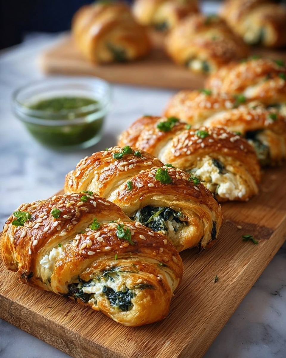 A wooden board holds five golden-brown braided pastries, each with a shiny, flaky crust sprinkled lightly with sesame seeds and chopped green herbs on top. The pastries have a visible filling made of creamy white cheese mixed with dark green spinach, peeking through the woven layers of dough. In the background, there is a small clear glass bowl filled with a green herb sauce placed on a white marbled surface. More pastries are blurred in the far background. The texture of the dough looks crispy and layered, and the pastries are arranged neatly in a row. Photo taken with an iphone --ar 4:5 --v 7