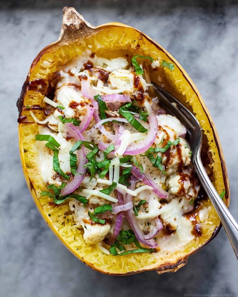 A roasted spaghetti squash half serves as the base layer, showing its bright yellow, slightly caramelized flesh inside a yellow skin shell. On top, there is a layer of melted white cheese with a soft, creamy texture mixed with soft cooked cauliflower pieces. Thin slices of purple-red onion are spread over these, adding a fresh contrast. Green, shredded fresh basil leaves are sprinkled on the surface, and a dark brown sauce is drizzled around, adding richness and color contrast. A silver fork rests inside the squash on the right side, ready to scoop. The dish is set on a white marbled surface. photo taken with an iphone --ar 4:5 --v 7