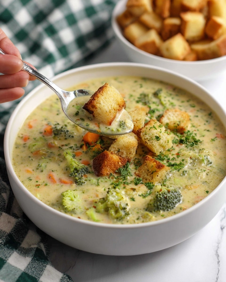 A white bowl filled with creamy broccoli soup textured with chunks of green broccoli, small pieces of orange carrot, and specks of herbs, topped with golden brown crispy croutons sprinkled with fresh green parsley. A silver spoon lifting a portion of the thick soup, showing creaminess and vegetable pieces, is held over the bowl by a woman's hand. In the background, there is a white bowl filled with more golden croutons, all placed on a white marbled surface with a green and white checked cloth. Photo taken with an iphone --ar 4:5 --v 7