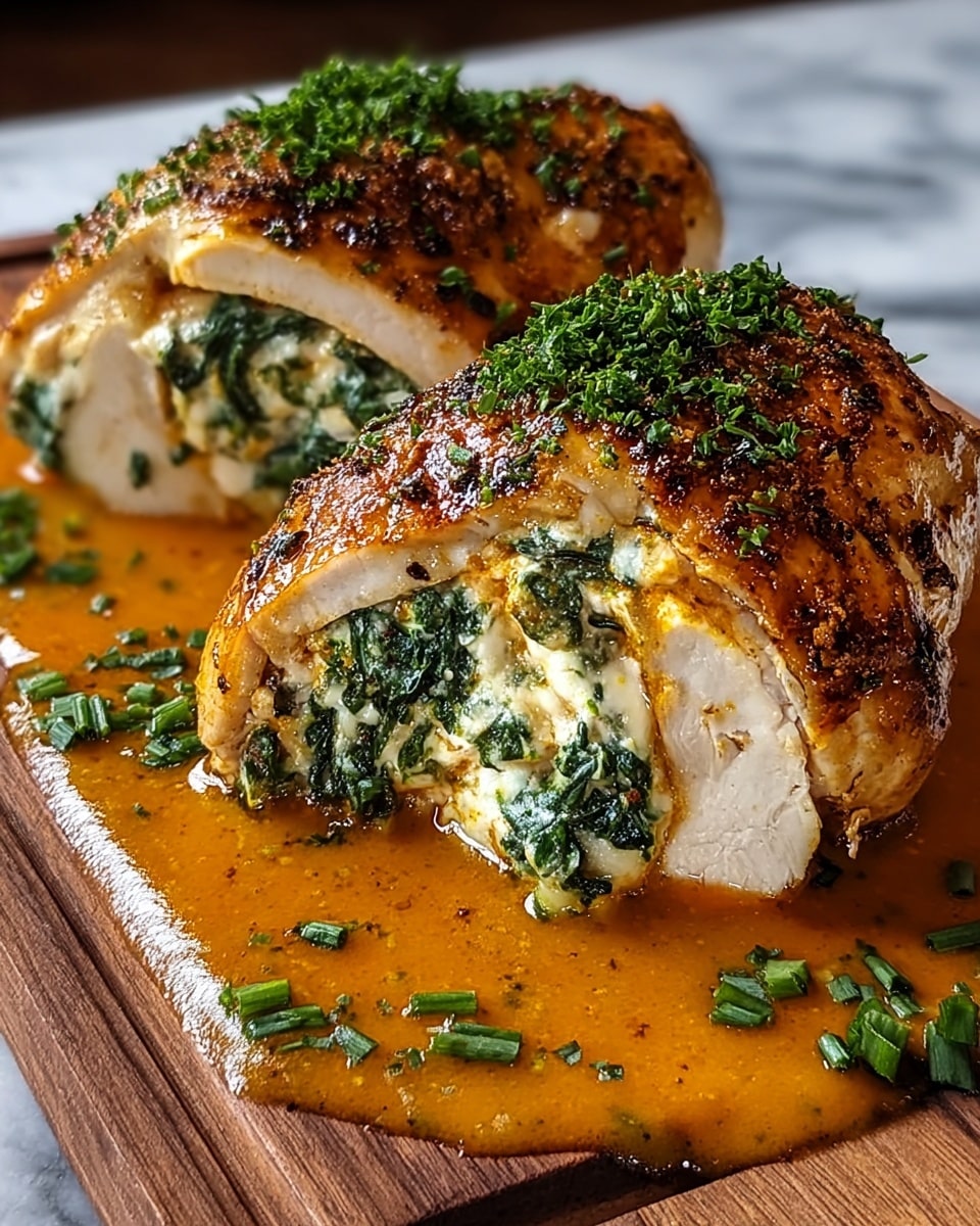 Two golden brown stuffed chicken breasts with a crispy, seared outer layer sprinkled with finely chopped green herbs on top. Each chicken breast is sliced open to reveal a creamy white and green filling of spinach and cheese. They sit on a thick pool of orange-brown sauce that spreads underneath them. Chopped greens are scattered on the sauce and around the chicken. The whole dish is presented on a wooden board with a white marbled texture surface in the background. photo taken with an iphone --ar 4:5 --v 7
