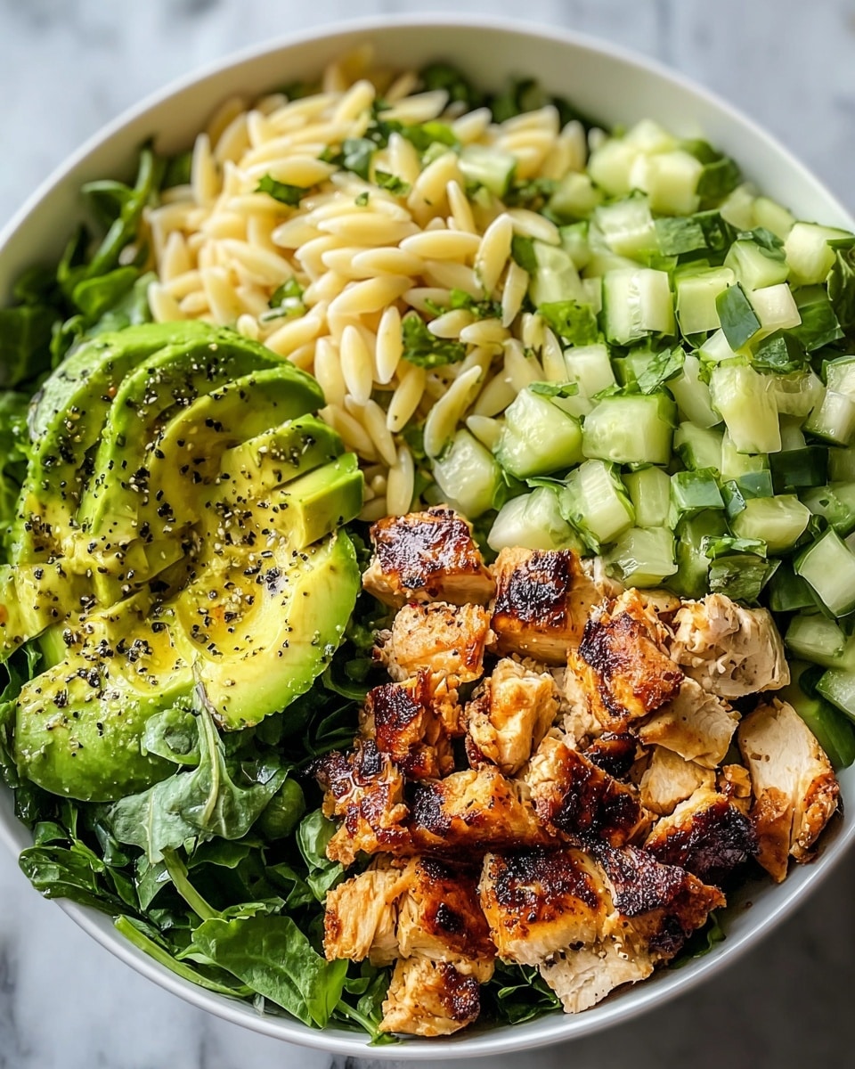A white bowl filled with a colorful salad with five main layers, starting from the bottom is a bed of dark green leafy greens, on top there are chunks of bright green avocado with black pepper sprinkled on them to the left, next to the avocado is grilled chicken cut in pieces showing a golden brown and slightly charred texture to the right, above the chicken and avocado is a portion of light yellow orzo pasta with some greens mixed in, and finally diced light green cucumber pieces fill the top right section of the bowl, all ingredients are fresh with distinct colors and textures against the white marbled surface in the background, photo taken with an iphone --ar 4:5 --v 7