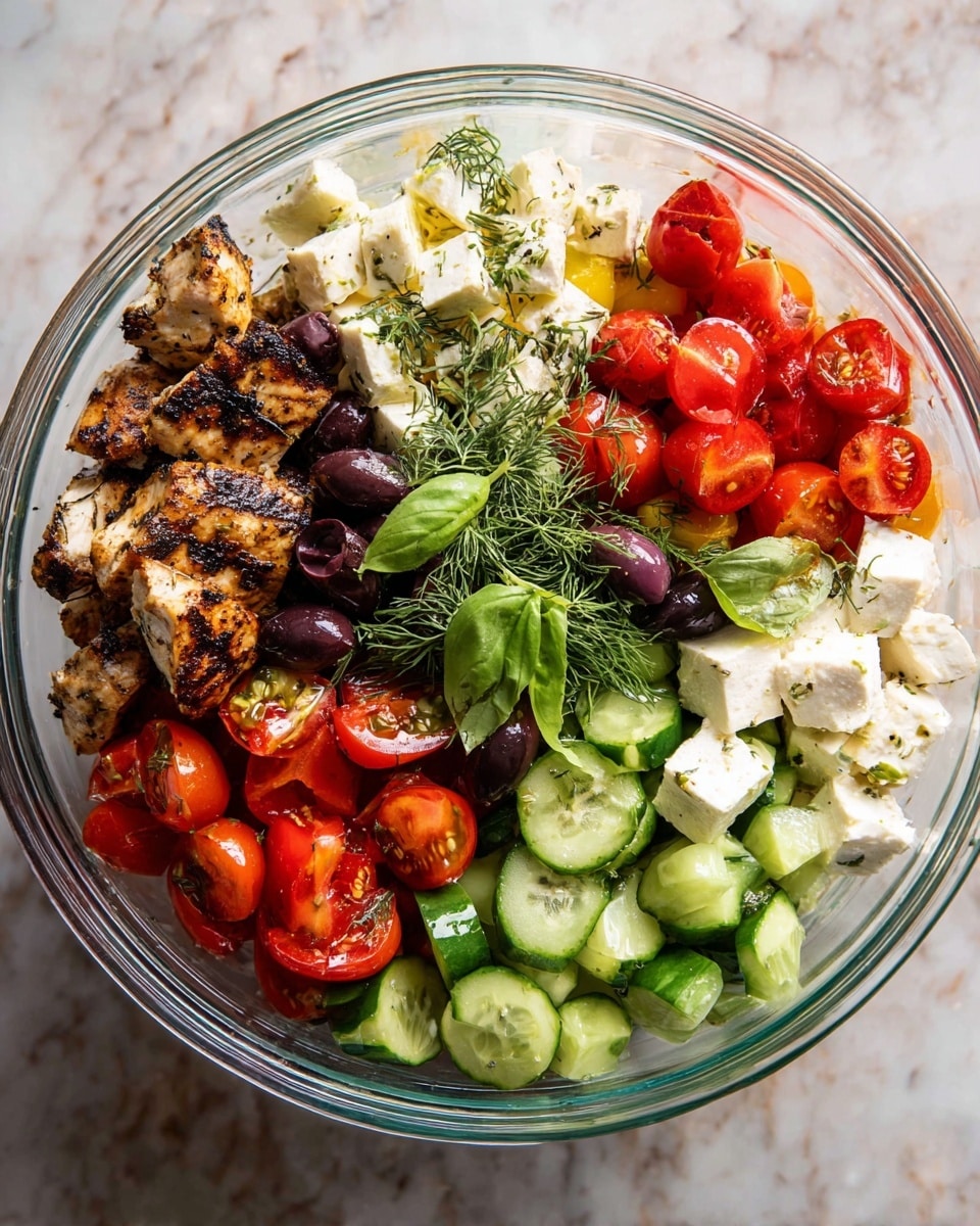 A clear glass bowl holds a colorful layered salad. At the bottom are chunks of bright green cucumber pieces, cut into circles and half-circles, on the right side. Next to them are small white cubes of feta cheese topped with fresh green basil leaves and dill sprigs. Above the cucumbers and feta are plump, shiny black olives and red cherry tomatoes, some whole and some cut in halves, with a scattering of small green herbs on top. On the left side of the bowl are grilled chicken pieces with dark grill marks and a sprinkle of herbs. A few more basil leaves and glowing olive oil drops add freshness. The bowl sits on a white marbled surface. photo taken with an iphone --ar 4:5 --v 7