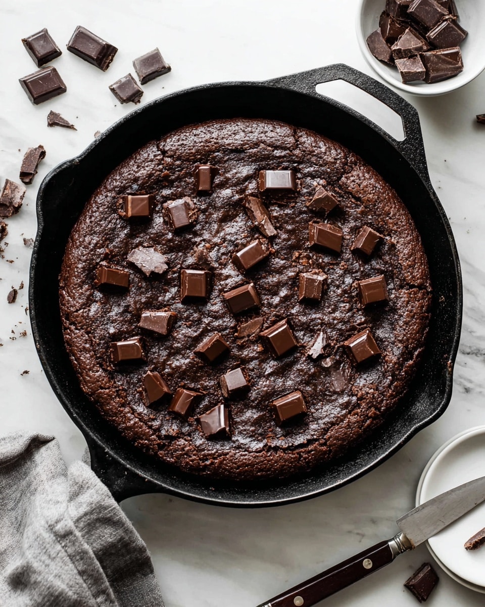 A large, round chocolate brownie baked in a black cast iron skillet has a rich, dark brown top layer with a slightly cracked texture. Scattered across the top are medium-sized, shiny chocolate chunks that add a bit of texture contrast. The brownie looks thick and dense, filling the skillet completely almost to the edges. Around the skillet on a white marbled surface are small piles of chocolate chunks and a white bowl filled with more chocolate pieces. In the corner, a small stack of white plates sits near a knife with a dark wooden handle, all arranged casually. photo taken with an iphone --ar 4:5 --v 7