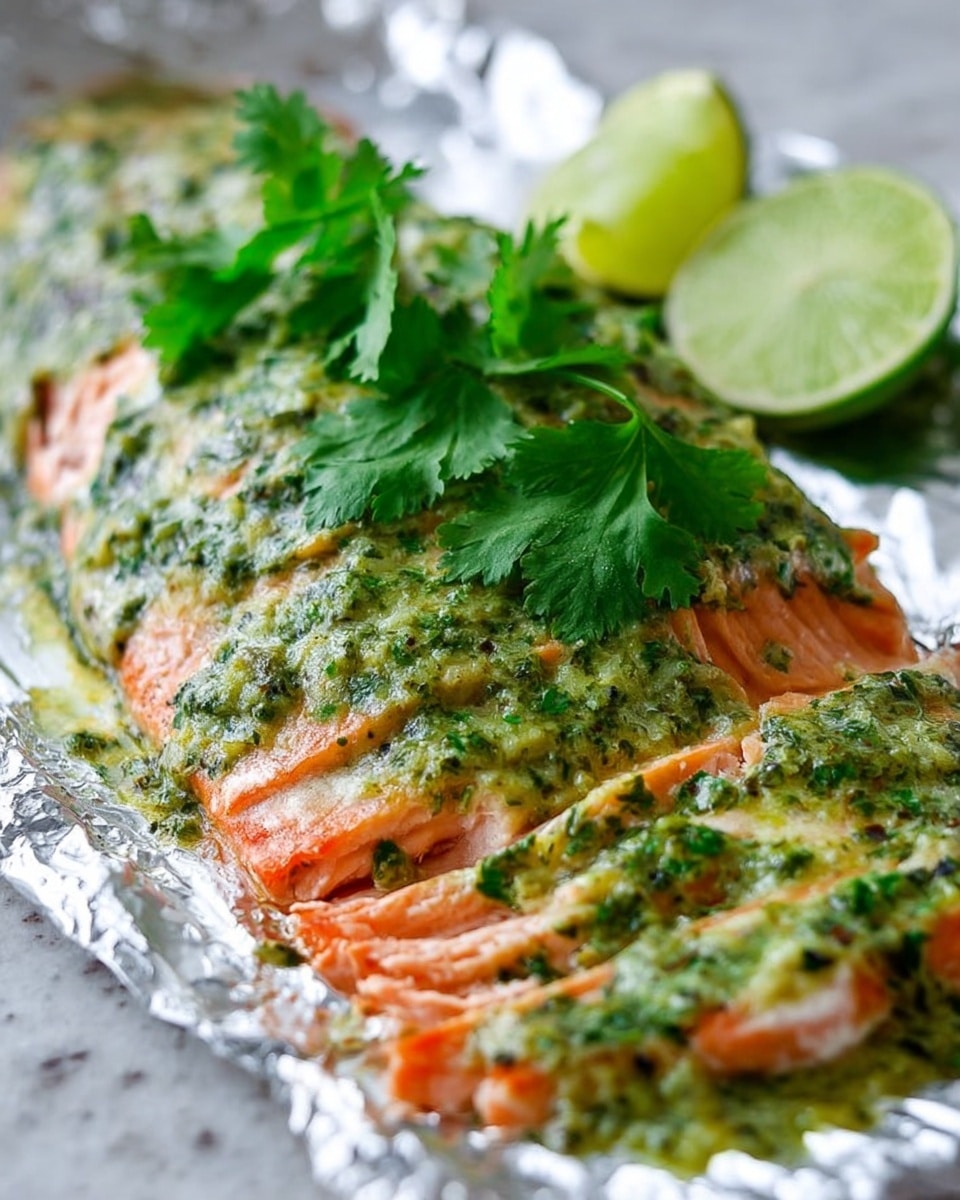 The image shows a cooked salmon fillet covered with a green herb sauce, which looks creamy and slightly chunky in texture. The salmon is cut into layers, with the pinkish-orange flesh visible underneath the sauce, and the fish appears tender and moist. On top of the salmon, there is a sprig of fresh cilantro adding a bright green color. In the background, there are two lime wedges with a fresh, juicy look. All of this is placed on a piece of foil resting on a white marbled surface, giving a clean and fresh feeling to the scene. photo taken with an iphone --ar 4:5 --v 7