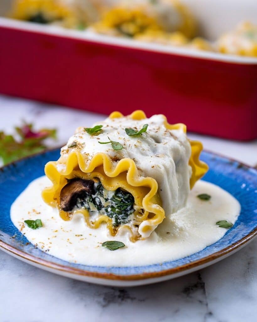 Mushroom Lasagna Roll-Ups in Creamy Gorgonzola Cauliflower Sauce Recipe