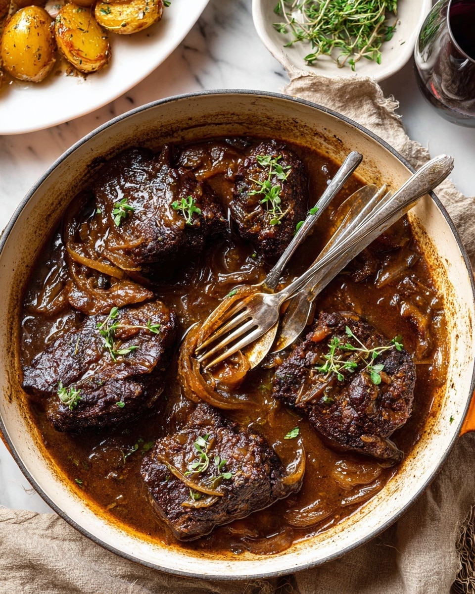 A white round pan filled with six pieces of dark brown, seared beef in a thick, glossy brown gravy with visible cooked onions throughout. Small fresh green herb sprigs are scattered over the beef and sauce. Two silver forks rest inside the pan, partially submerged in the sauce. The pan is placed on a white marbled surface with a beige cloth napkin partially visible underneath it. In the background, there is a white plate with golden roasted potatoes and a small white dish with fresh herb sprigs. Photo taken with an iphone --ar 4:5 --v 7