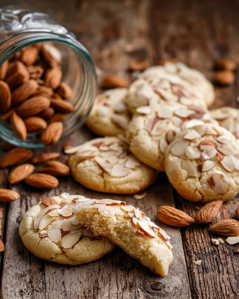 Two almond cookies are shown on a white marbled texture; one cookie is whole, topped with light brown thin sliced almonds scattered evenly on its pale golden surface, while the other cookie is broken in half and placed on top, revealing a soft and crumbly pale yellow interior. Around the cookies, there are whole brown almonds scattered loosely. The texture of the cookies is slightly rough and crumbly, and the contrast between the smooth almond slices and the crumbly cookie base is clear. Photo taken with an iphone --ar 4:5 --v 7