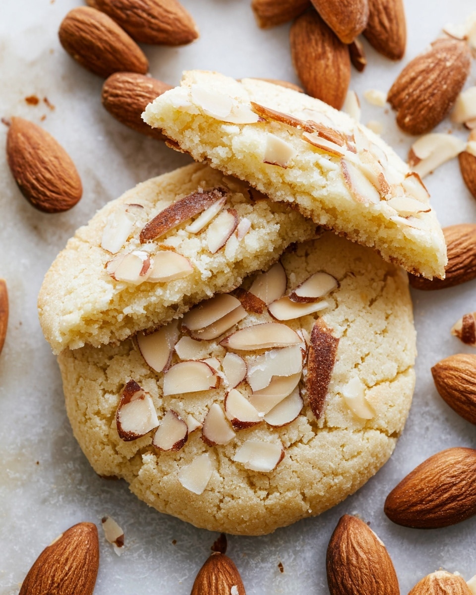 The image shows a group of almond cookies scattered on a rustic wooden surface with a small glass jar tipped over, spilling whole almonds around the cookies. Each cookie has a pale golden base with thin, light brown almond slices embedded on top, giving a textured look. One cookie is broken in half to show a soft, crumbly inside. The cookies have a slightly uneven round shape and light cracks on their surface. The whole almonds around add a contrast with their smooth, brown shells. photo taken with an iphone --ar 4:5 --v 7