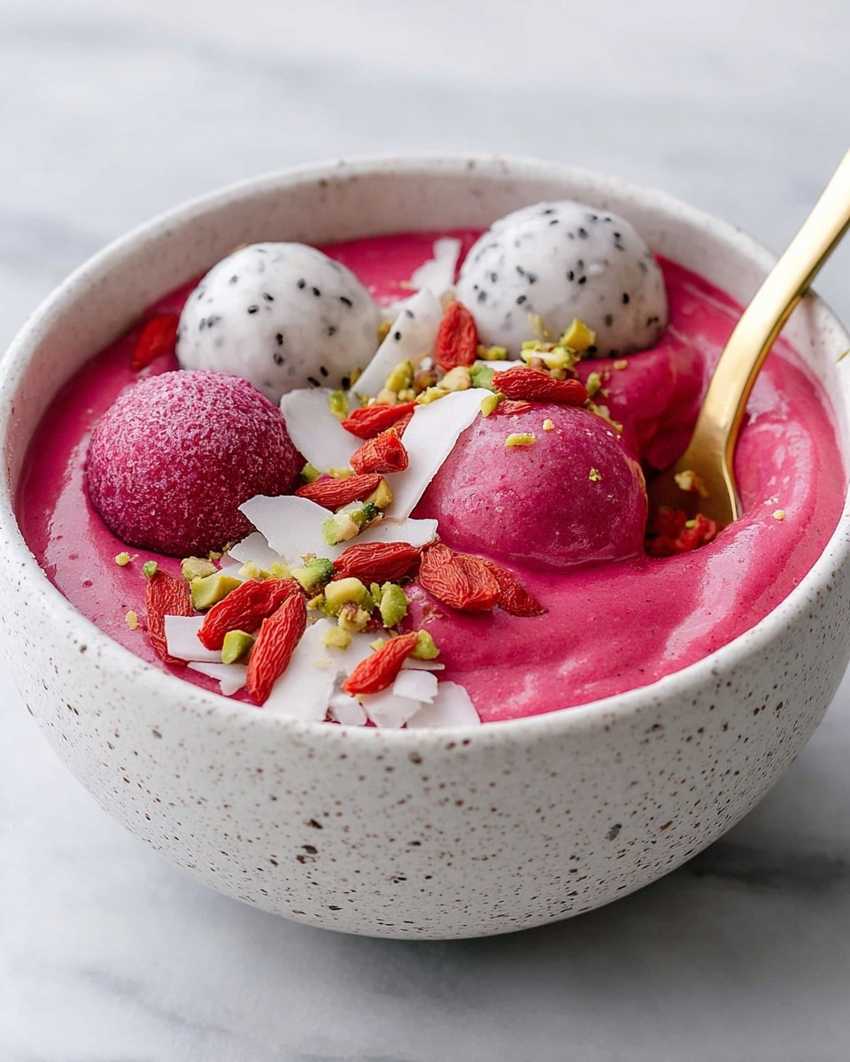 A close-up of a white speckled bowl filled with a thick, smooth bright pink smoothie layer topped with five round fruit balls, three deep pink and two white with black seeds. The top is garnished with small chopped green pistachios, white shredded coconut strips, and bright red dried goji berries scattered evenly. A gold spoon scoops a thick portion from the smoothie, dipping into the bowl from the right side. The bowl sits on a white marbled surface. photo taken with an iphone --ar 4:5 --v 7