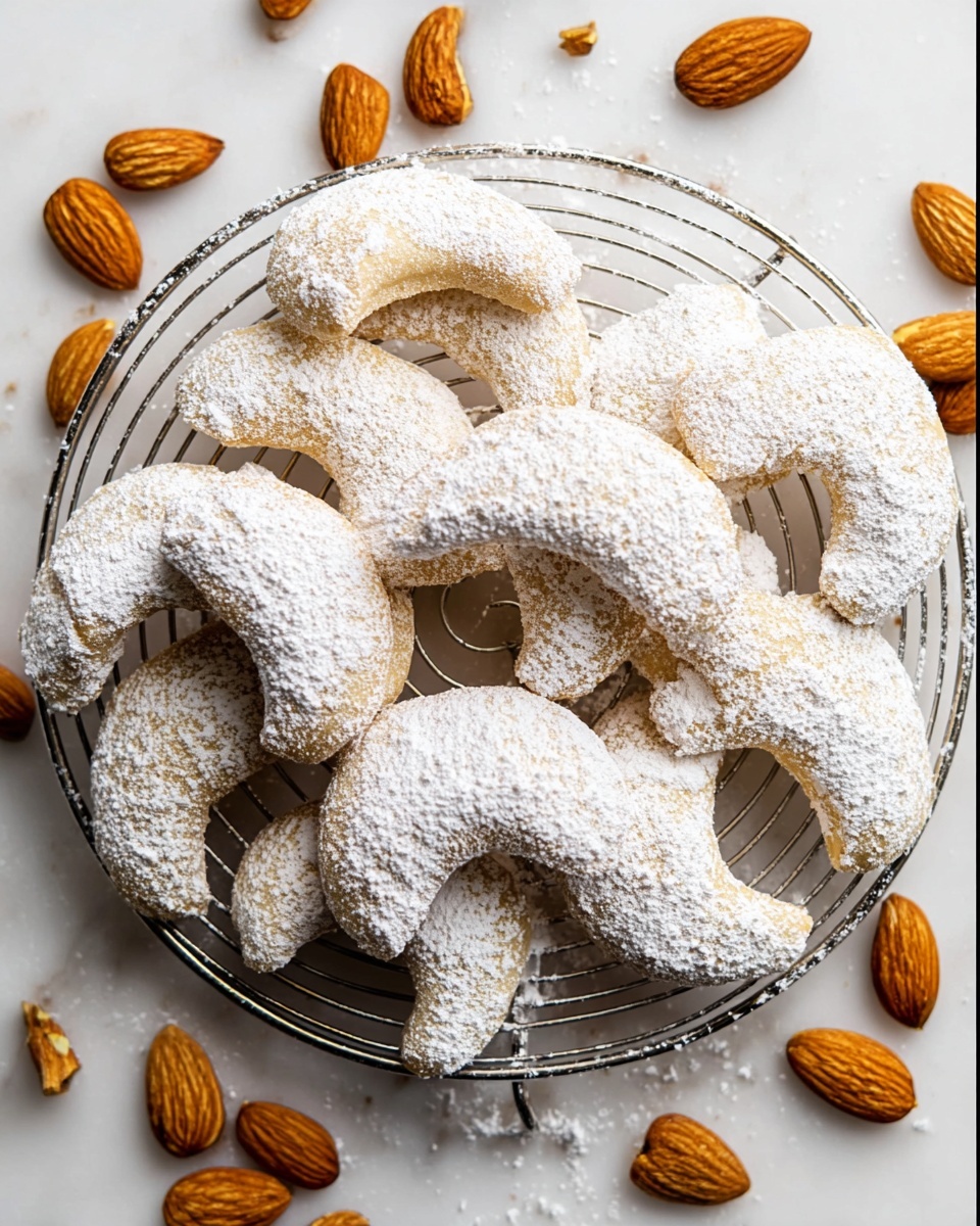 A round wire cooling rack holds about a dozen crescent-shaped cookies, each covered with a thick layer of white powdered sugar, giving them a soft, powdery texture that contrasts with their light golden-brown base. The cookies are arranged in a loose pile at the center of the rack. Around the cookies, whole almonds with a rich brown color and smooth texture are scattered on the white marbled surface, adding a warm touch of natural color to the scene. The photo is bright and clean, highlighting the soft powder on the cookies and the simple, rustic presentation photo taken with an iphone --ar 4:5 --v 7
