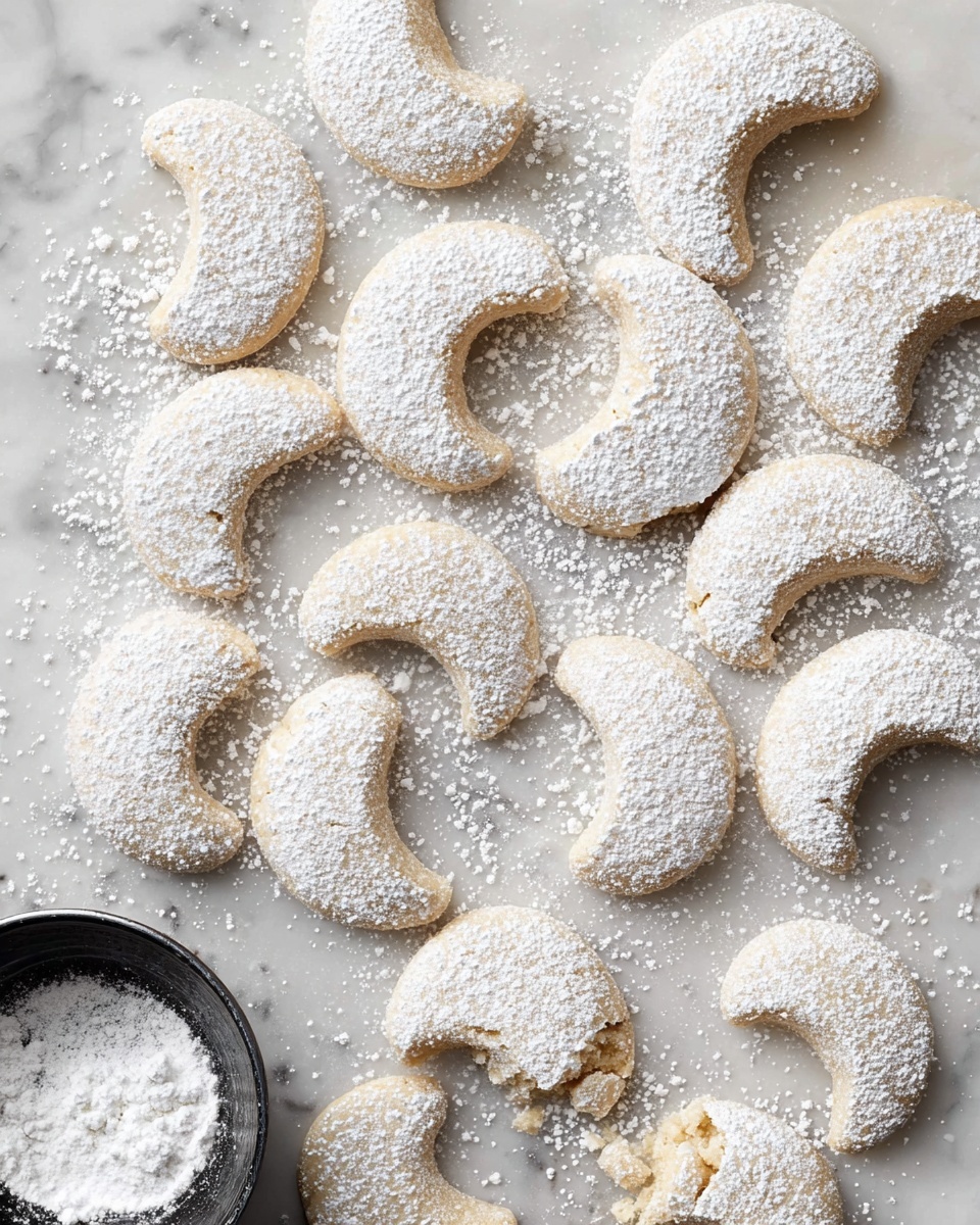The image shows about twenty crescent-shaped cookies arranged loosely on a white marbled surface, each cookie covered with a light dusting of white powdered sugar that gives a soft, textured look. The cookies are pale golden-brown with a slightly crumbly texture visible under the powdered sugar. One cookie near the top has a bite taken from it, revealing a crumbly inside. There is powdered sugar scattered around the cookies, with a small black bowl filled with more powdered sugar placed in the bottom left corner. Photo taken with an iphone --ar 4:5 --v 7