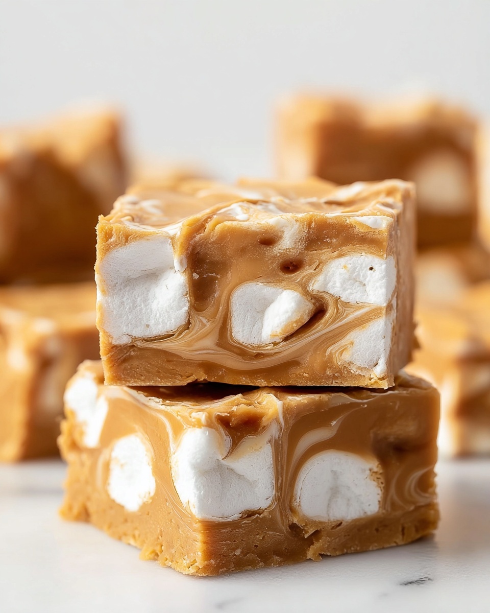 The image shows two square pieces of fudge stacked on a white marbled surface. Each piece is made of a smooth, caramel-colored layer mixed with large, white marshmallow chunks that look soft and fluffy. The caramel layer swirls around the marshmallows, creating a thick, rich texture with a glossy finish on top. In the background, more of these fudge squares are visible, slightly out of focus. The overall look is creamy and dense, with a warm, inviting color contrast between the caramel and white marshmallows. photo taken with an iphone --ar 4:5 --v 7