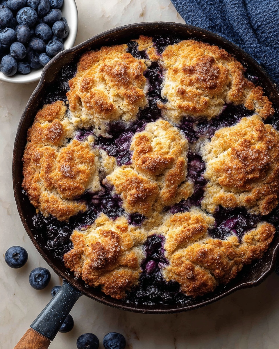 A round skillet contains a golden-brown baked dish with a rough, crumbly top layer that has patches of darker caramelized spots. Inside the golden crust, visible pockets and bits of deep purple blueberries are spread through the surface. The biscuit-like top is made up of about seven uneven but connected mounds resting closely together. Around the skillet, a few loose blueberries sit on a white marbled surface, with a small white bowl full of fresh blueberries placed nearby. photo taken with an iphone --ar 4:5 --v 7