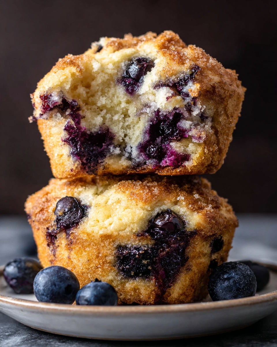 Two thick blueberry muffins are stacked on top of each other on a white plate, placed on a white marbled surface. The muffins are golden brown on the outside with a crispy texture, while the inside is soft and light with visible blueberries bursting out, giving pops of deep purple and blue colors. The top muffin is slightly broken, showing the moist and crumbly texture inside with one shiny whole blueberry near the center. A few loose blueberries are scattered around the plate. The background is dark, making the muffins stand out clearly. photo taken with an iphone --ar 4:5 --v 7