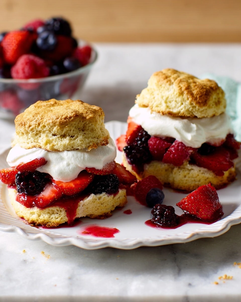 The image shows two biscuit shortcakes on a white wavy-edged plate placed on a white marbled textured surface. Each shortcake has three visible layers: the bottom layer is a golden-brown biscuit with a crumbly texture, the middle layer is a mix of red raspberries and blackberries with some strawberry pieces, all juicy and shiny, and the top layer is thick, white whipped cream. The top biscuit halves are unevenly placed on the right shortcake, slightly tilted, while the left shortcake has its top biscuit more centered. There are some red juice drips and berry pieces on the plate around the shortcakes. In the background, a glass bowl filled with more mixed berries is partly visible on the left side. photo taken with an iphone --ar 4:5 --v 7