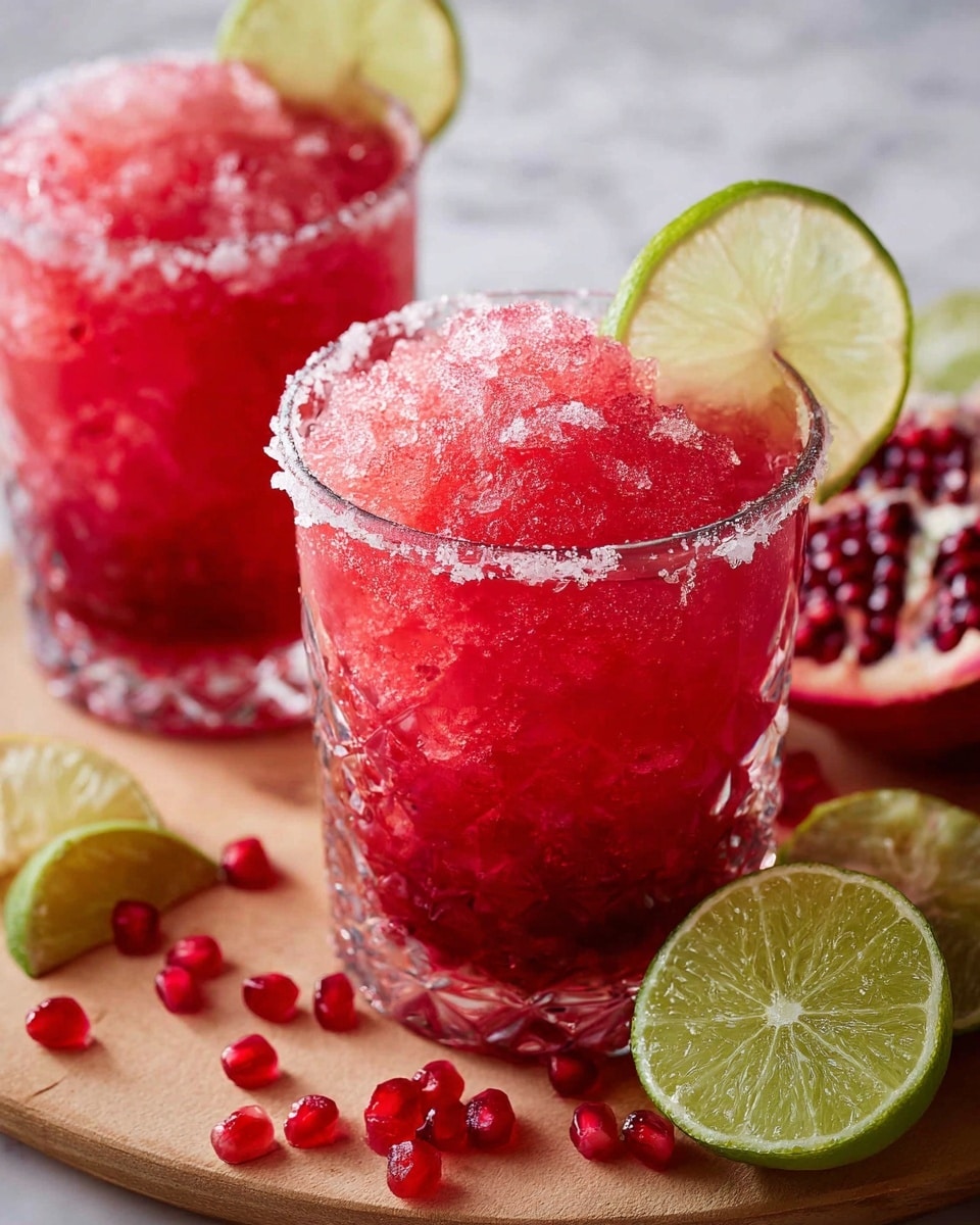 Two clear glasses with intricate patterns hold bright red crushed ice drinks topped high above the rim, with the top layer showing rough icy texture. Each glass is rimmed evenly with coarse salt and garnished with a round slice of lime placed on the edge near the top. The drinks sit on a round wooden surface scattered with bright ruby red pomegranate seeds and chunks of lime, including one halved lime showing its juicy green interior. The background is a soft white marbled texture. photo taken with an iphone --ar 4:5 --v 7