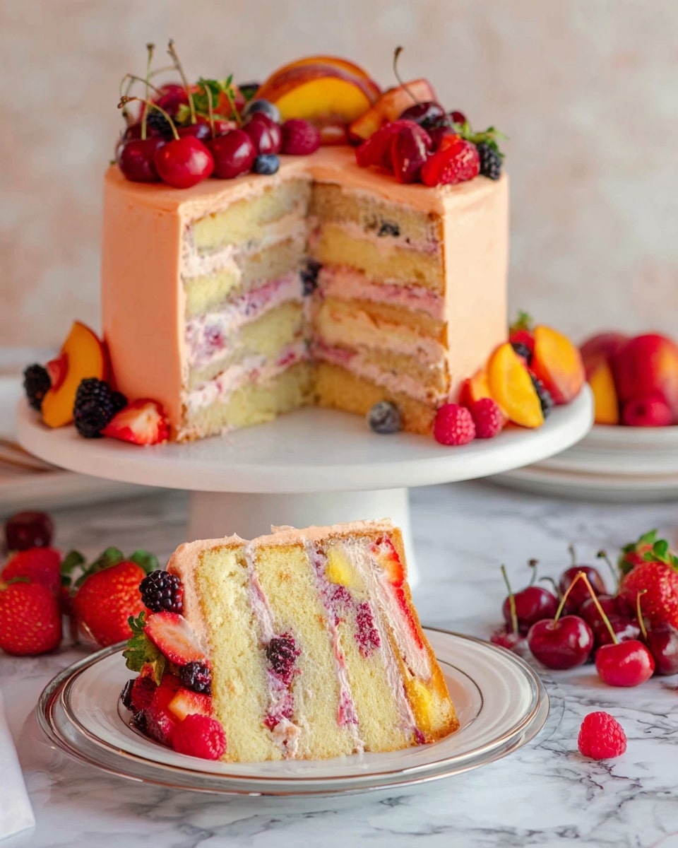 A tall cake with four layers of yellow sponge separated by light pink cream packed with pieces of strawberries, blackberries, and peach slices. The outside of the cake is covered with smooth, peach-colored frosting and topped with a mix of fresh berries and cherries. One slice of the cake shows the layered inside and sits on a white plate with a thin silver rim, surrounded by fresh strawberries, raspberries, and cherries. The cake stands on a white cake stand, with a white marbled surface underneath and a soft, blurred background. photo taken with an iphone --ar 4:5 --v 7