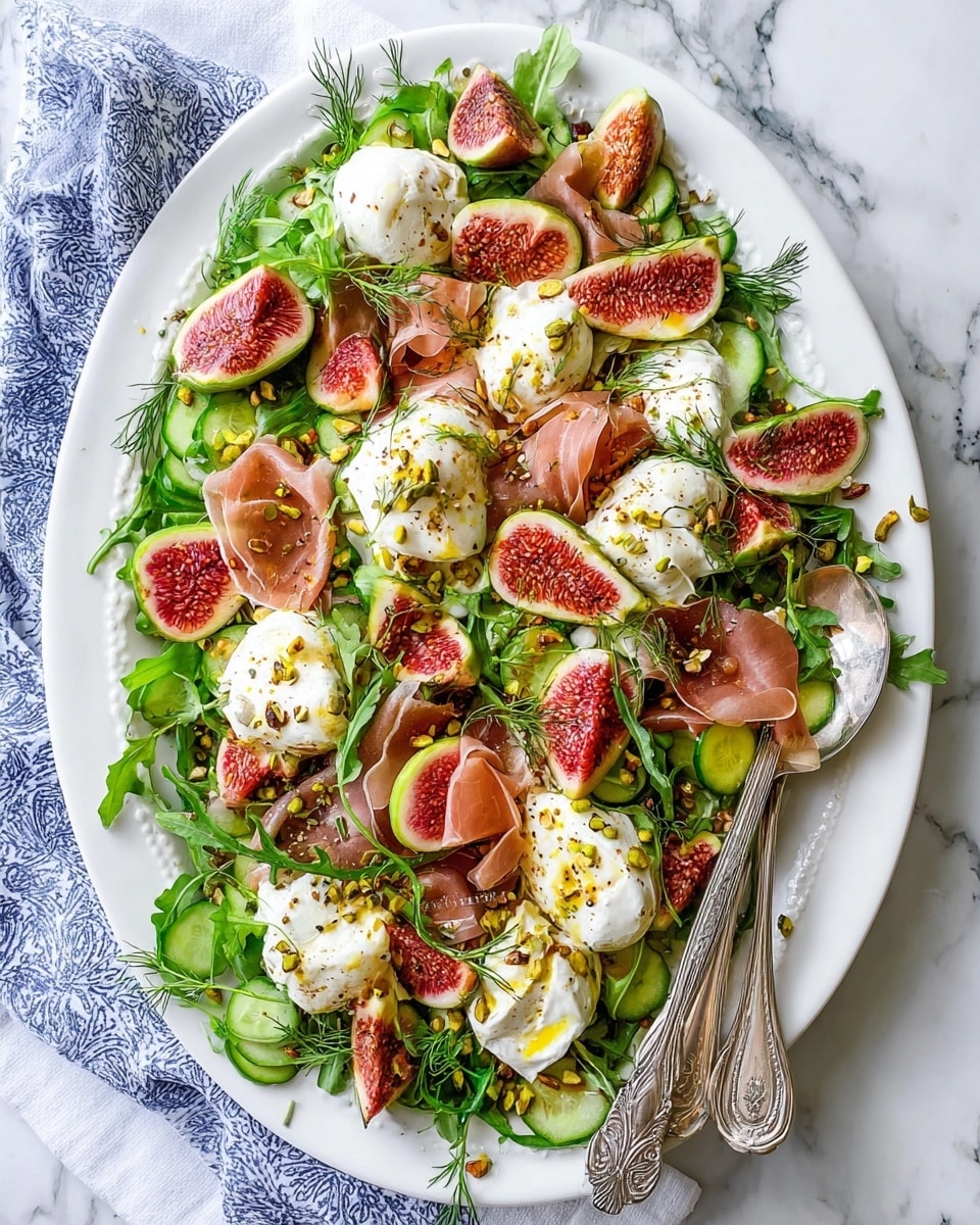 A large white oval plate is filled with a fresh salad made of several layers: the bottom layer has green leafy arugula and thin cucumber slices, then folded pieces of pink prosciutto are spread across, topped with white creamy burrata cheese blobs drizzled with golden olive oil and cracked black pepper. On top, there are cut fresh figs with bright red flesh and purple skin, scattered around with some green pistachio crumbs and delicate sprigs of fresh fennel. An ornate silver fork and spoon rest on the plate's edge, and a white marbled surface with a blue and white cloth is visible underneath. Photo taken with an iphone --ar 4:5 --v 7