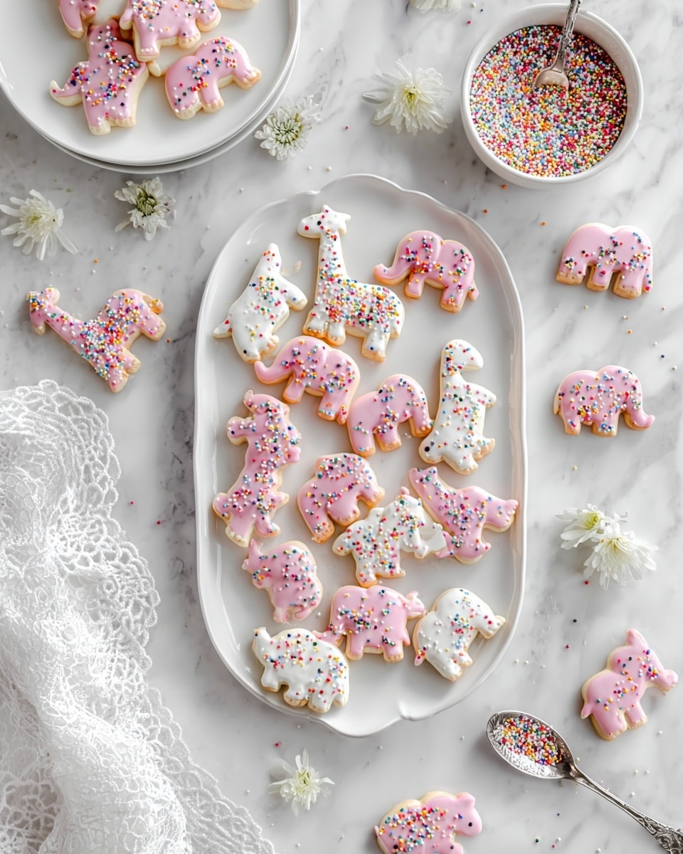 The image shows a stack of animal-shaped cookies coated in smooth pastel pink and white icing, each decorated with small, round colorful sprinkles scattered on top. There are two layers shown in the stack: the bottom layer has white icing with multicolored sprinkles, while the top layer has pink icing with sprinkles and one cookie with a bite taken out to reveal a light, crumbly inside. The cookies are placed on a white marbled surface, with a white bowl blurred in the background. The soft lighting highlights the glossy texture of the icing and the vibrant sprinkles, creating a fresh and playful look. photo taken with an iphone --ar 4:5 --v 7