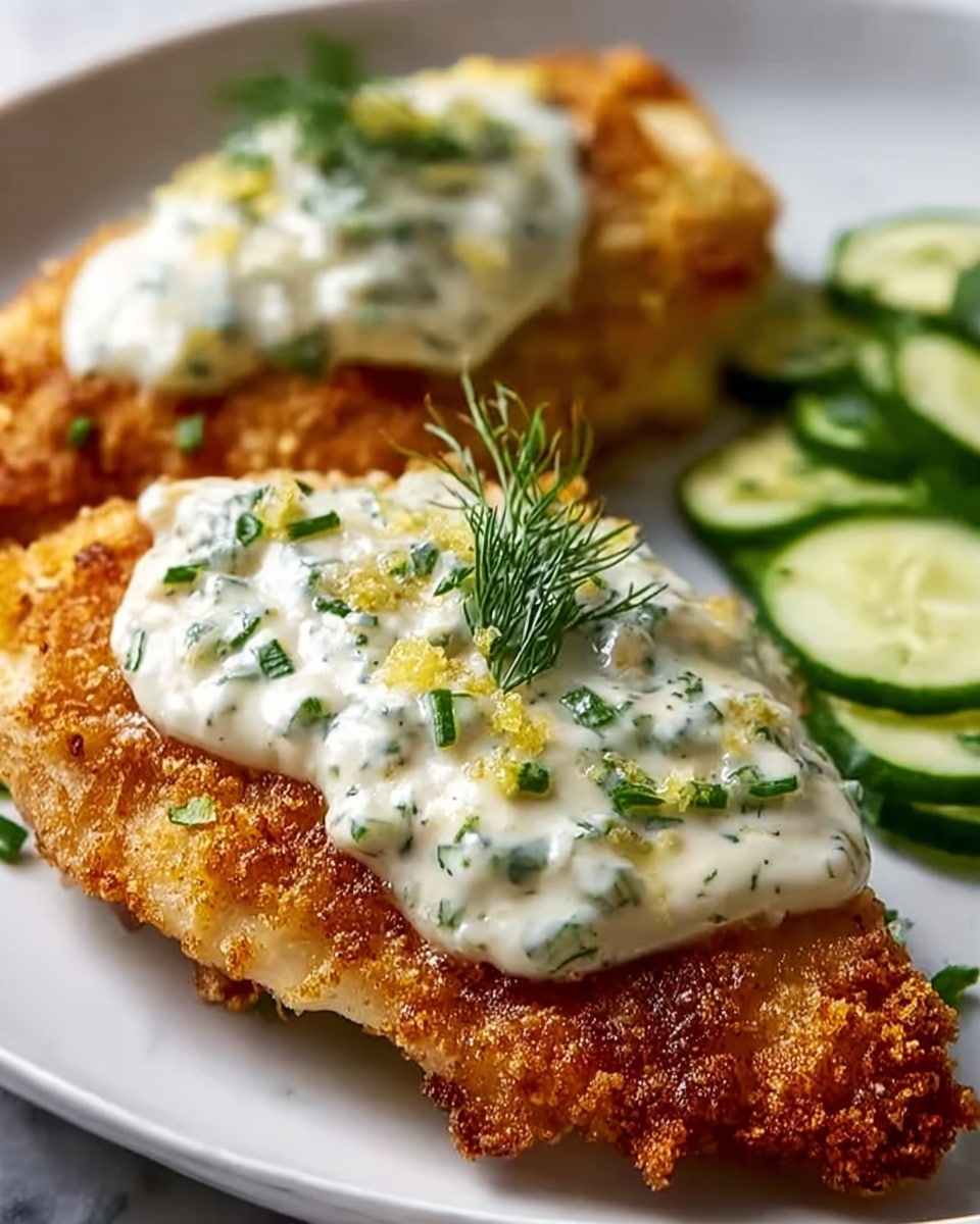 A close-up view of a crispy golden-brown fried fish fillet placed on a white plate, topped with a thick creamy white sauce mixed with green herbs and small bits of what looks like lemon zest, and garnished with a small sprig of fresh green dill. Part of another fillet is visible in the background with the same textures and colors, along with thin slices of green cucumber arranged on the right side of the plate. The plate rests on a white marbled texture surface. photo taken with an iphone --ar 4:5 --v 7