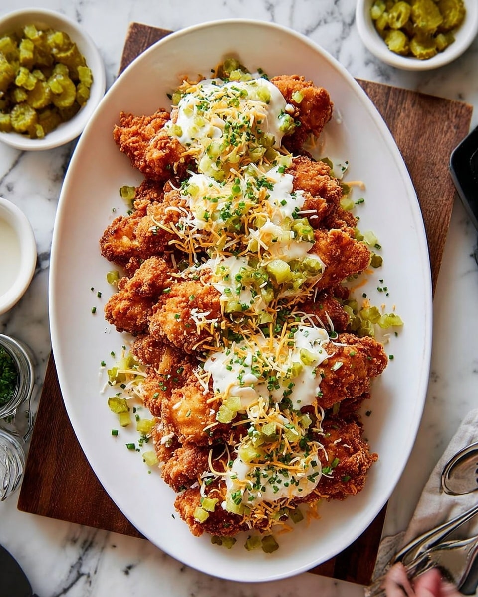 A large white oval plate is filled with two layers of crispy golden-brown fried chicken strips, stacked close together. The fried chicken has a crunchy texture with a few uneven edges. On top of the chicken strips, there are dollops of thick white creamy sauce spread unevenly across the pieces. Scattered over the sauce and chicken are small diced green pickles that add a fresh contrast. A light sprinkling of finely shredded yellowish cheese and green chopped herbs decorates the dish, providing a mix of soft and fresh textures. The plate sits on a wooden board placed on a white marbled surface, with small white bowls containing more diced pickles and green herbs nearby, and a glimpse of a woman's hand holding a fork in the corner. photo taken with an iphone --ar 4:5 --v 7