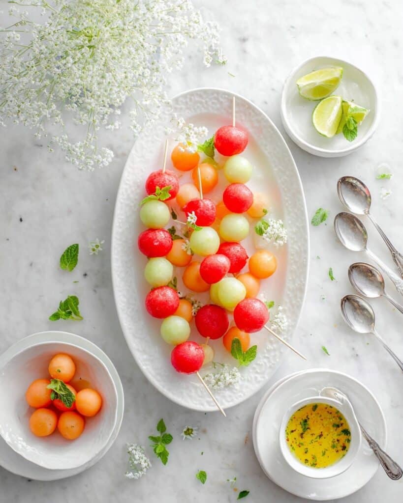 Melon Skewers with Honey Lime Mint Drizzle Recipe