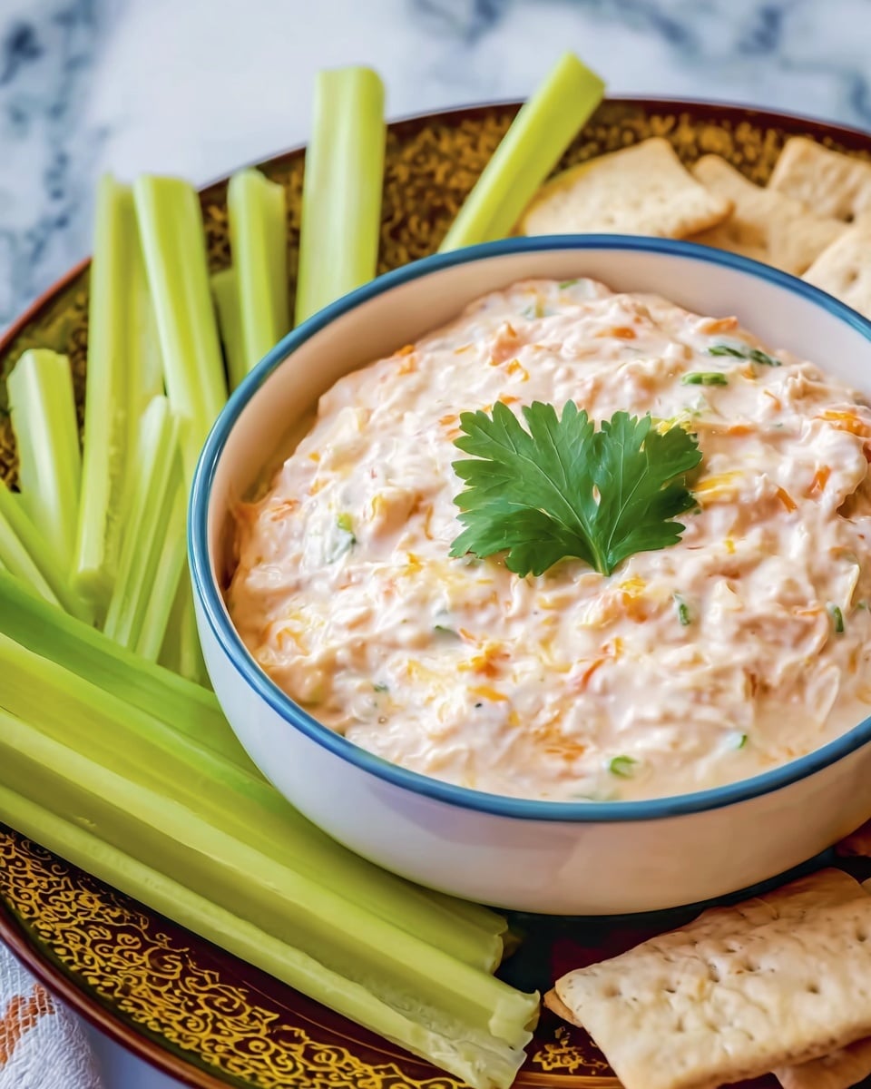 A close-up image of a light beige creamy dip with small orange and green specks, topped with a single green cilantro leaf in the center, served in a white bowl with a thin blue rim. The bowl sits on a round dark plate that has a decorative golden-yellow pattern around the edge. Around the bowl are light green celery sticks standing upright and pale beige crackers broken into pieces, all placed on a white marbled surface. Photo taken with an iphone --ar 4:5 --v 7