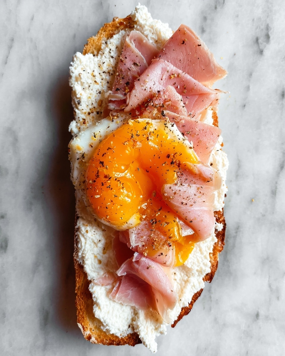 A single slice of toasted bread with a crunchy, golden-brown crust acts as the base layer, covered thickly with creamy white cheese spread showing soft, textured peaks. On top, light pink, thinly sliced ham is loosely layered, adding some volume and softness. In the center lies a cooked egg yolk, bright golden-orange and slightly broken, with a crispy edged round cooked egg white underneath it. The whole dish is sprinkled with a light dusting of black pepper over all the layers. The background is a white marbled texture. photo taken with an iphone --ar 4:5 --v 7