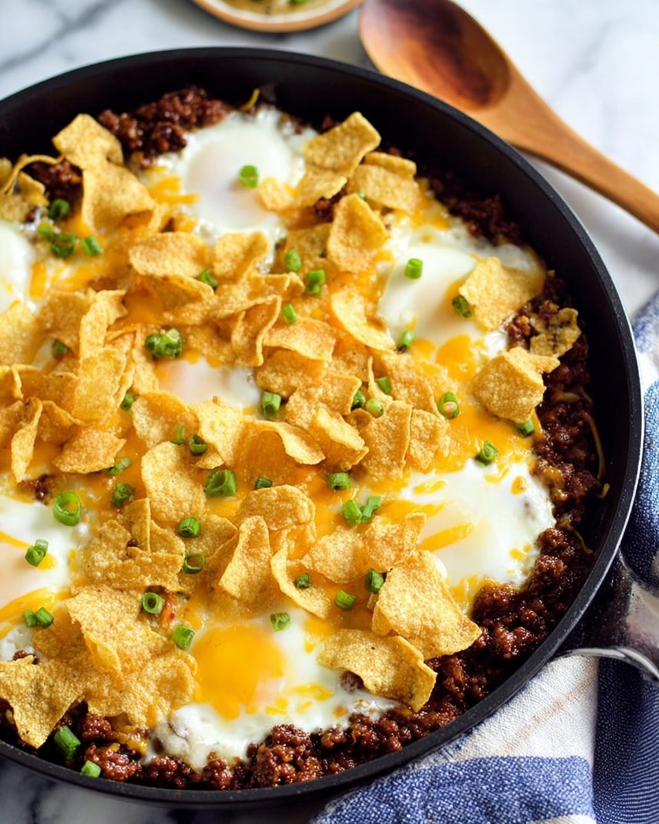 The dish is served in a black skillet filled with a base layer of cooked ground meat that is dark brown and crumbly, covering the bottom evenly. On top, there are several cooked eggs with white edges and rich yellow yolks, some slightly melted with orange-yellow melted cheese blending around them. The surface is generously covered with crispy, pale yellow corn chip strips scattered unevenly all over. Small green chopped scallions are sprinkled across the dish, adding a fresh splash of color. The skillet rests on a white marbled surface with a wooden spoon and a blue-and-white cloth nearby. photo taken with an iphone --ar 4:5 --v 7