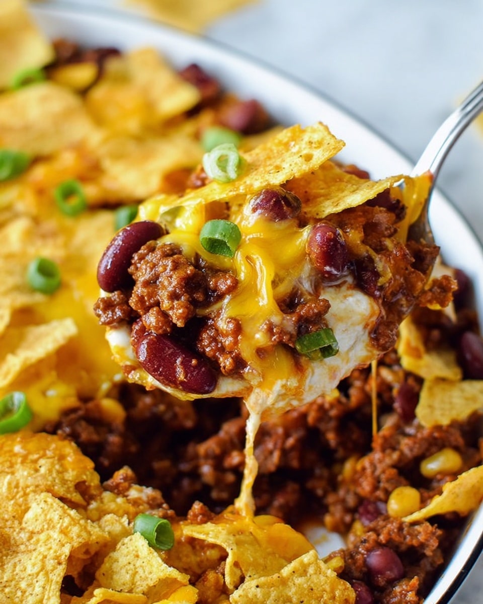 A close-up view of a layered dish shows melted yellow cheddar cheese covering a base of cooked ground beef mixed with dark red kidney beans. On top, there is a layer of crunchy light yellow corn chips, broken into pieces. Small bits of sharp green chopped scallions are sprinkled throughout the layers. A spoon lifts a portion that shows the mix of creamy melted cheese, rich beef and beans, crispy corn chips, and fresh scallions. The background is bright and the meal sits on a white marbled texture surface. photo taken with an iphone --ar 4:5 --v 7