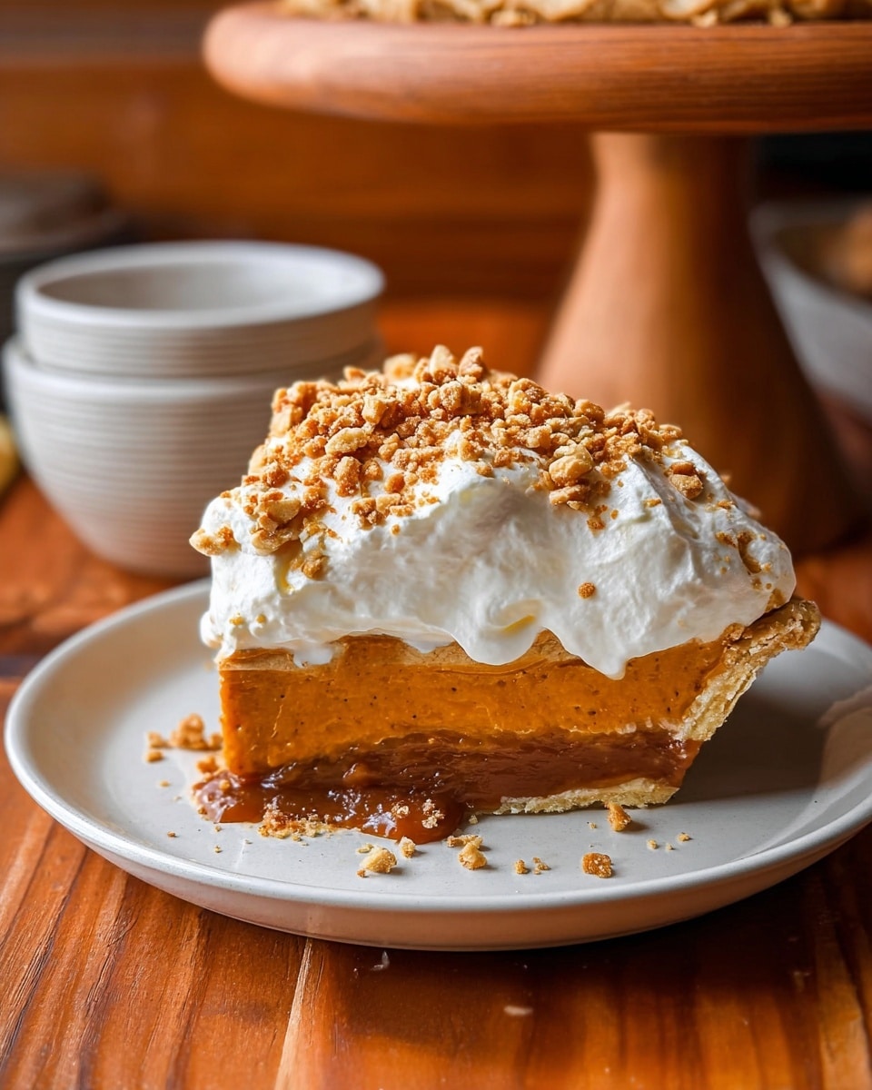 A slice of pie on a white plate showing four layers: at the bottom is a light brown flaky crust, above it a glossy caramel layer, then a thick smooth orange pumpkin filling, topped with a thick white whipped cream layer sprinkled with crunchy brown nut crumbs. The plate is set on a wooden table with a blurred wooden cake stand and small white bowl in the background, and the overall scene has warm lighting. Photo taken with an iphone --ar 4:5 --v 7