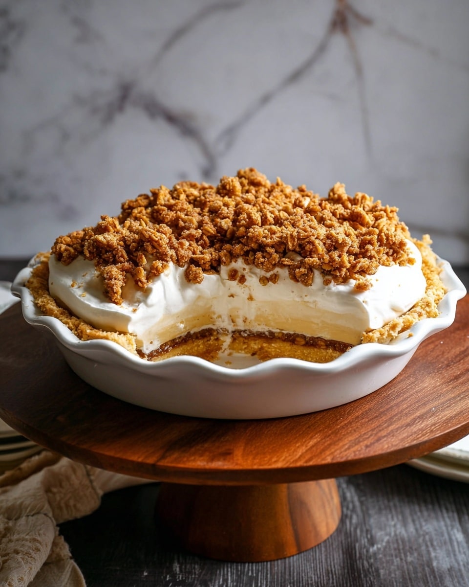 A pie with three clear layers sits in a white scalloped pie dish. The bottom layer is a golden, flaky crust with a crumbly texture. Above that is a thick layer of smooth white cream that looks soft and fluffy. On top is a rough, crunchy layer of golden brown oat crumble with visible oats and small clumps covering the cream. The pie dish is placed on a round wooden stand, and a white marbled texture forms the background. photo taken with an iphone --ar 4:5 --v 7