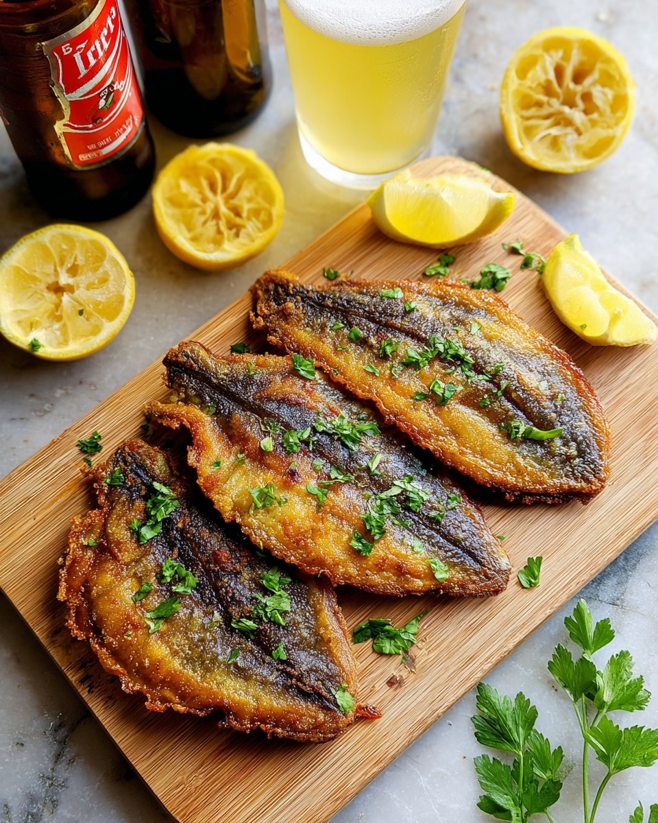 Four pieces of golden brown fried fish with crispy edges and dark skin are placed in a slightly overlapping way on a light wooden board. Bright green chopped parsley is scattered on top of the fish and around the board. On the left top corner of the board, three lemon wedges with pale yellow insides are arranged. A frosty glass of light yellow drink stands behind the board, near two half lemon pieces with visible seeds on a white marbled surface. To the left of the glass is a brown bottle with a red and white label. Some fresh green parsley sprigs are at the bottom right corner on the white marbled surface. photo taken with an iphone --ar 4:5 --v 7