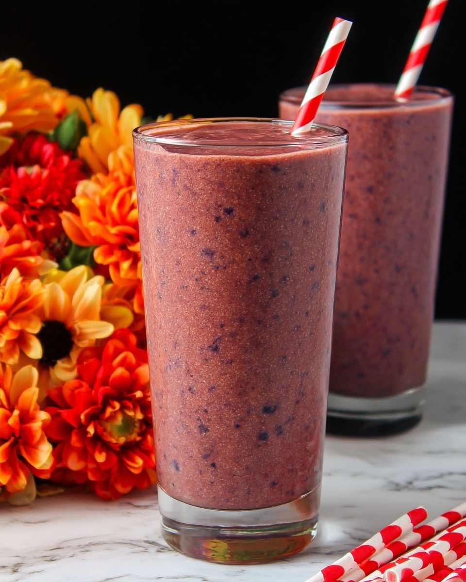 The image shows one tall clear glass filled with a smooth, thick purple-brown smoothie with tiny darker specks throughout. A red and white striped straw sticks out from the smoothie. Behind it, there is another glass with the same smoothie partly visible. The glasses are placed on a white marbled surface next to three extra red and white straws with polka dots. On the left side, there is a bunch of bright artificial flowers in shades of orange, red, and yellow. The background seen behind the flowers and the smoothie is dark, making the colors pop. photo taken with an iphone --ar 4:5 --v 7