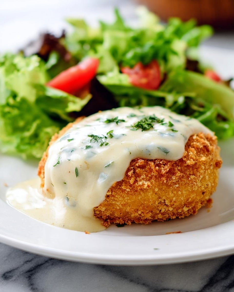 A white plate holds a golden brown breaded round patty with a rough, crunchy texture. The patty is topped with thick, creamy white sauce that is smooth and slightly shiny, with small green herb pieces sprinkled on top. Behind the patty, there is a fresh green salad with various leafy greens and bright red tomato chunks adding color. The plate sits on a white marbled surface, and the scene is brightly lit for clarity. photo taken with an iphone --ar 4:5 --v 7