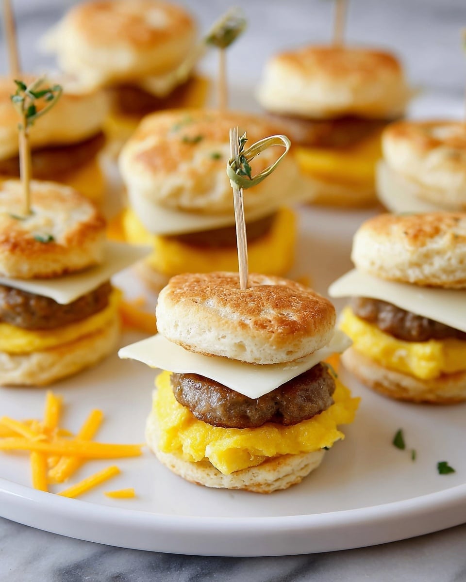The image shows several small breakfast sliders arranged on a white plate sitting on a white marbled surface. Each slider has three visible layers: a top biscuit layer that is light golden brown with a soft, slightly dimpled texture; a middle layer with a round cooked sausage patty covered by a melted white cheese slice; and a bottom layer of fluffy, folded scrambled eggs with bright yellow color resting on another light golden brown biscuit layer. A small bamboo skewer pierces through the center of each slider, holding all layers together. Small bits of shredded cheddar cheese and tiny green herb pieces are scattered around the plate. Photo taken with an iphone --ar 4:5 --v 7
