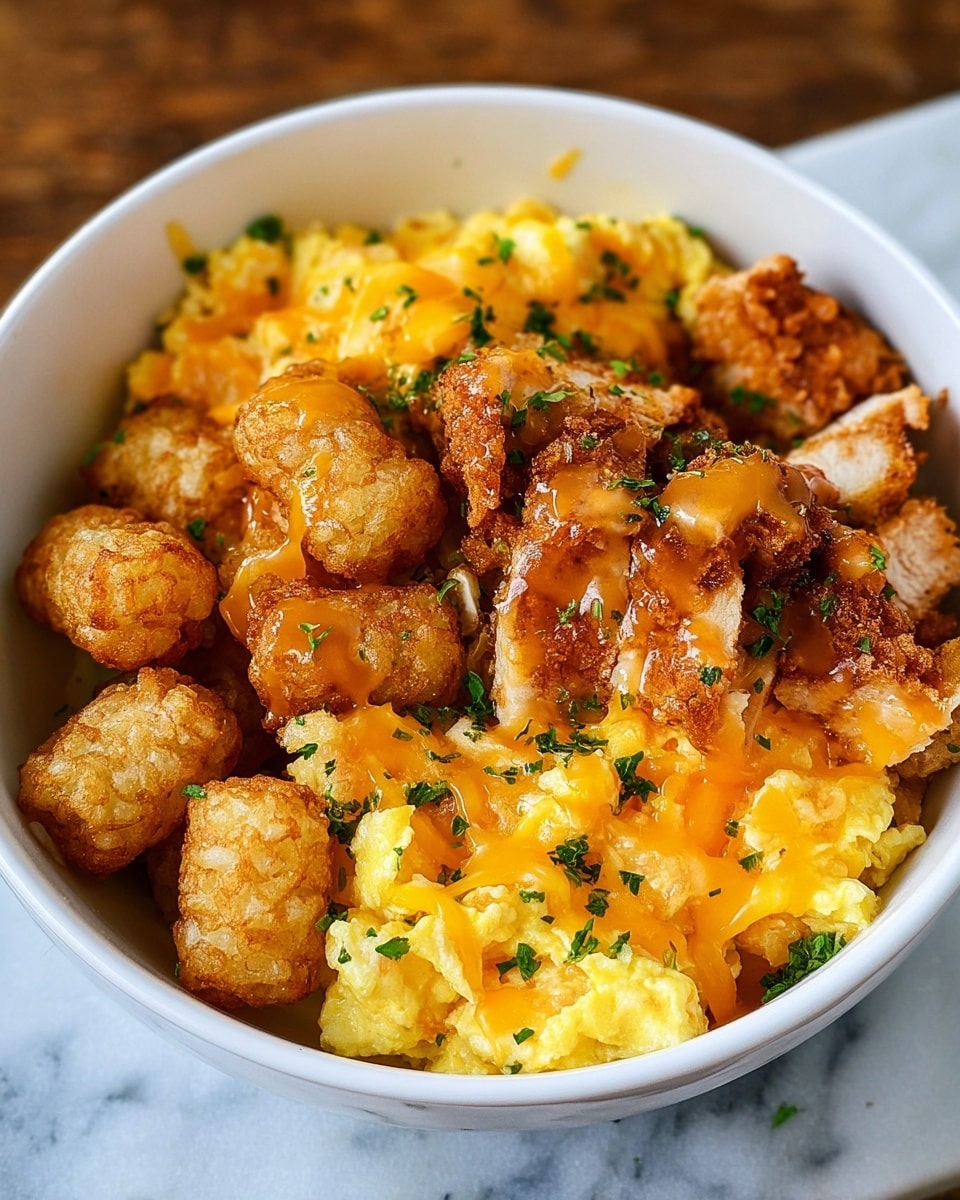 A white bowl filled with three layers: the bottom layer has small round golden brown tater tots, the middle layer is made of light and fluffy yellow scrambled eggs, and the top layer shows pieces of golden crispy fried chicken with melted orange-yellow cheese drizzled on top, sprinkled with small green herb bits, all set against a white marbled background. photo taken with an iphone --ar 4:5 --v 7