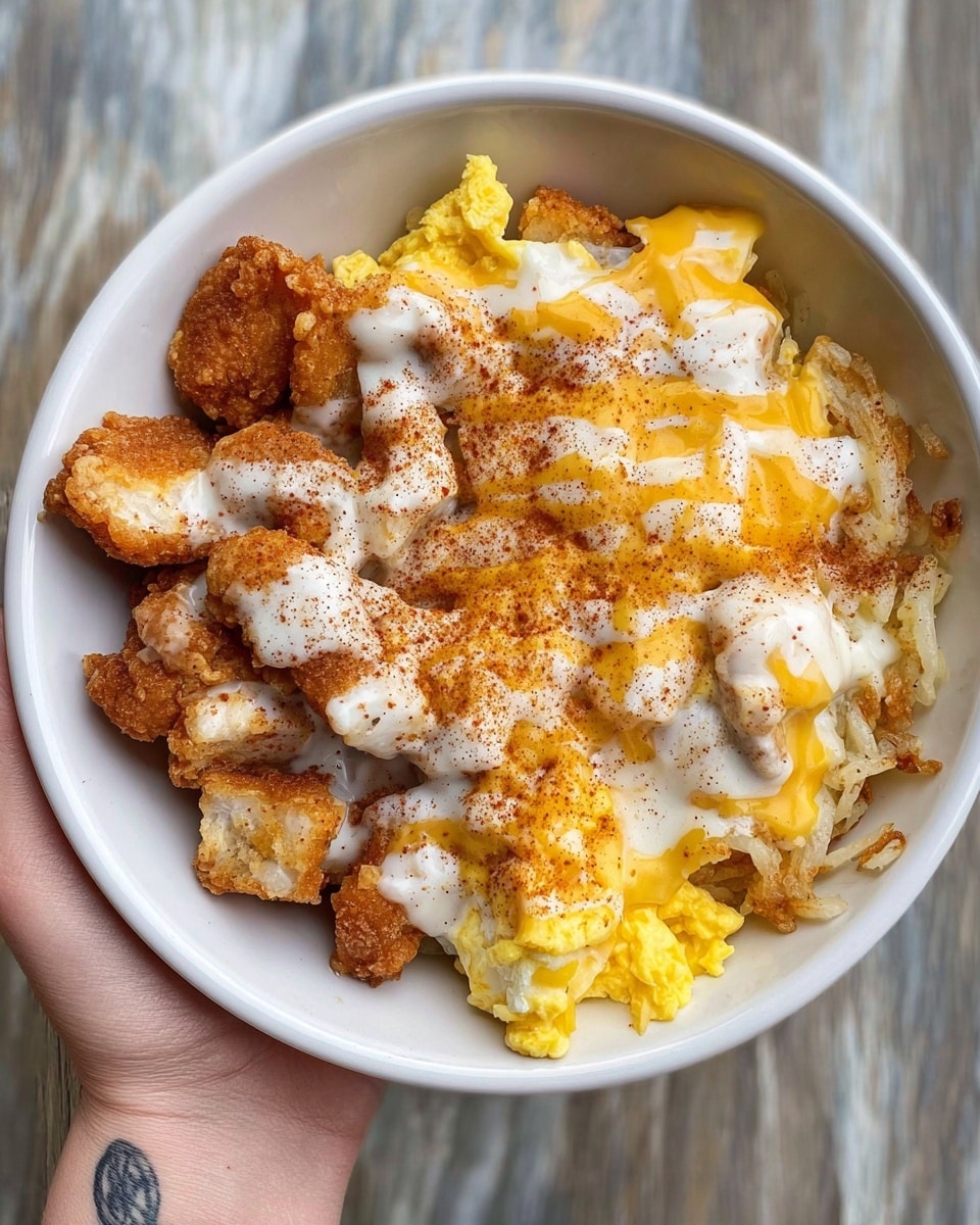 A white bowl held by a woman's hand with a small tattoo shows a dish with three clear layers. The bottom layer is light brown crispy hash browns, covered by scrambled eggs that are soft and yellow. The top layer consists of golden brown fried chicken pieces draped with melted white and yellow cheese sauce with a sprinkle of reddish spice powder. The background has a white marbled texture. photo taken with an iphone --ar 4:5 --v 7