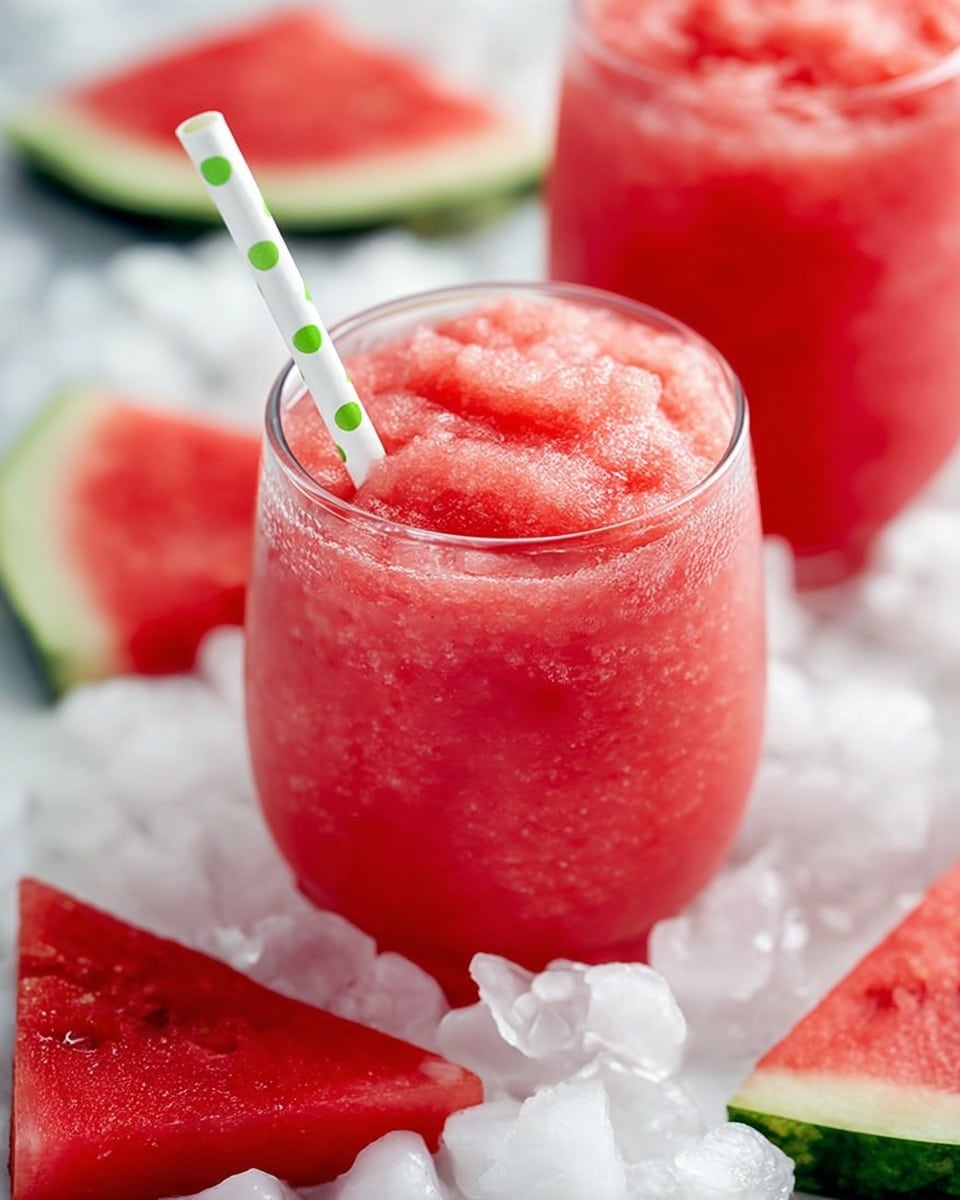 A close-up image shows a glass filled with bright pink, icy watermelon slush with a slightly rough texture on top. A white straw with green dots sticks out from the top of the glass. Around the glass, there are several triangular watermelon slices with bright red flesh, white seeds, and green rinds placed on a bed of white ice cubes. The background is a white marbled texture, enhancing the fresh and cool feeling of the drink. Photo taken with an iphone --ar 4:5 --v 7