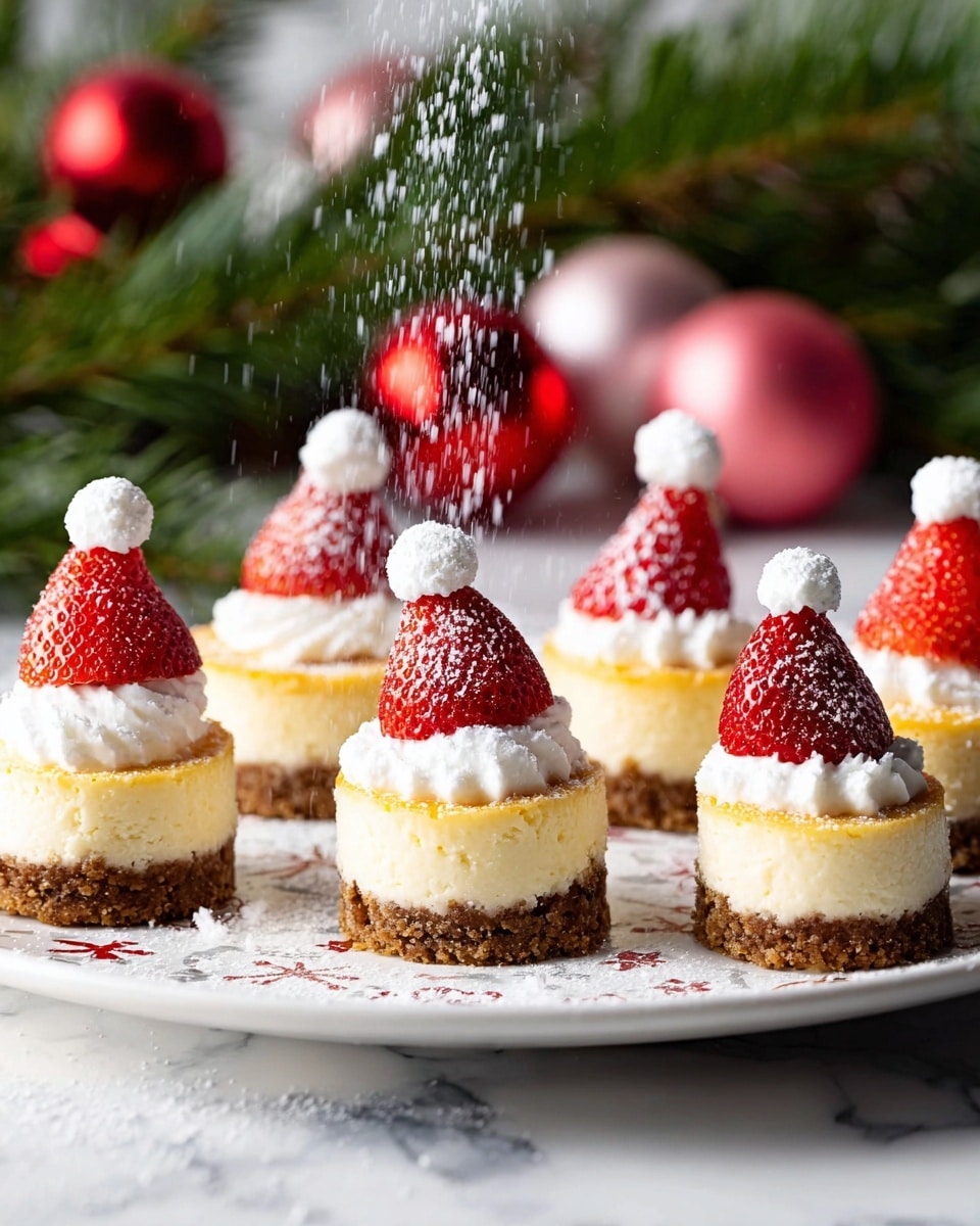 There are six small mini cheesecakes on a white plate with light festive patterns. Each cheesecake has three layers: at the bottom, a crumbly brown crust; in the middle, a smooth light yellow cheesecake layer; on top, a thick white cream layer with a large red strawberry placed upside down, with a dollop of white cream on the tip of each strawberry. Powdered sugar is gently falling over the cheesecakes, creating a light dusting effect. The background shows green pine branches and red and pink Christmas ornaments on a white marbled surface. Photo taken with an iphone --ar 4:5 --v 7