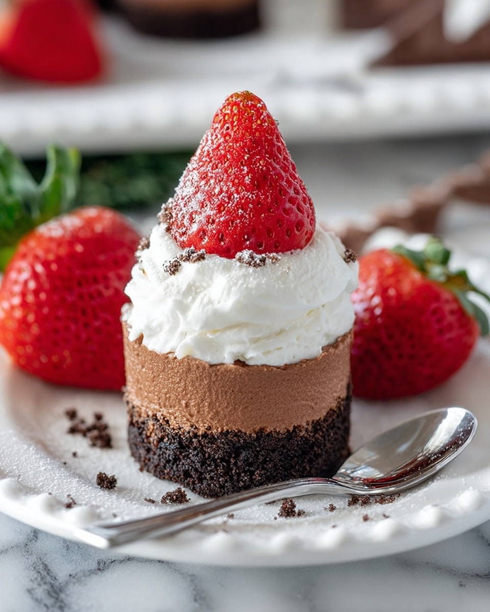 The image shows a small dessert with three visible layers on a white plate with a scalloped edge, set on a white marbled surface. The bottom layer is dark brown and crumbly, resembling a cookie or cake crust. Above it is a thick middle layer of smooth, rich, medium brown chocolate mousse. The top layer is a fluffy, white whipped cream, crowned with a large, bright red strawberry that has tiny seeds and a small dollop of whipped cream at the strawberry's tip. Around the dessert on the plate are whole fresh strawberries with green leaves, and some loose crumbs scattered around. A shiny silver spoon rests next to the dessert. Photo taken with an iphone --ar 4:5 --v 7