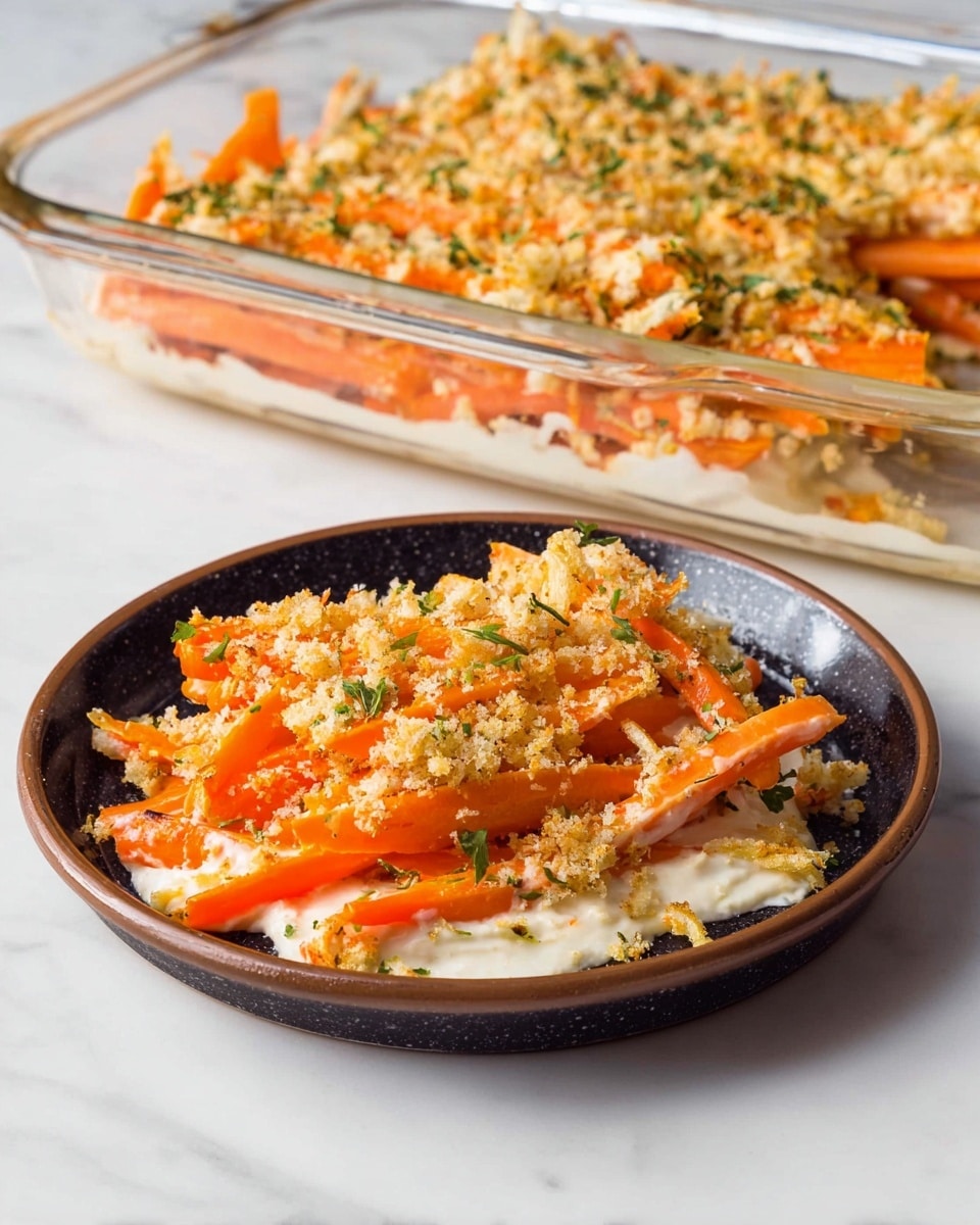 The image shows a baked carrot dish served on a shallow black and brown bowl placed on a white marbled surface. The dish has three visible layers: at the bottom, a creamy white sauce spreads evenly, topped with bright orange carrot sticks arranged in a slightly stacked manner. The top layer consists of a golden crumbly topping with bits of green herbs sprinkled over it, adding texture and color contrast. Behind the bowl, a glass baking dish with the same layered contents is partially visible, showing the layers more clearly through the sides. Photo taken with an iphone --ar 4:5 --v 7
