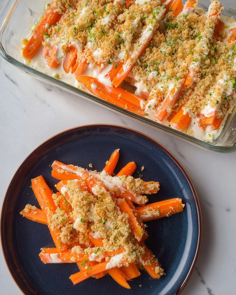 The image shows a white marbled surface with a rectangular clear glass baking dish at the top filled with carrot sticks layered with a creamy white sauce and golden brown crumb topping with small green herb bits. Below the dish, there is a dark blue round plate holding a serving of bright orange carrot sticks arranged in a loose pile, each stick coated evenly with the creamy white sauce and topped with the same crumb mixture and green herbs scattered on top. Photo taken with an iphone --ar 4:5 --v 7