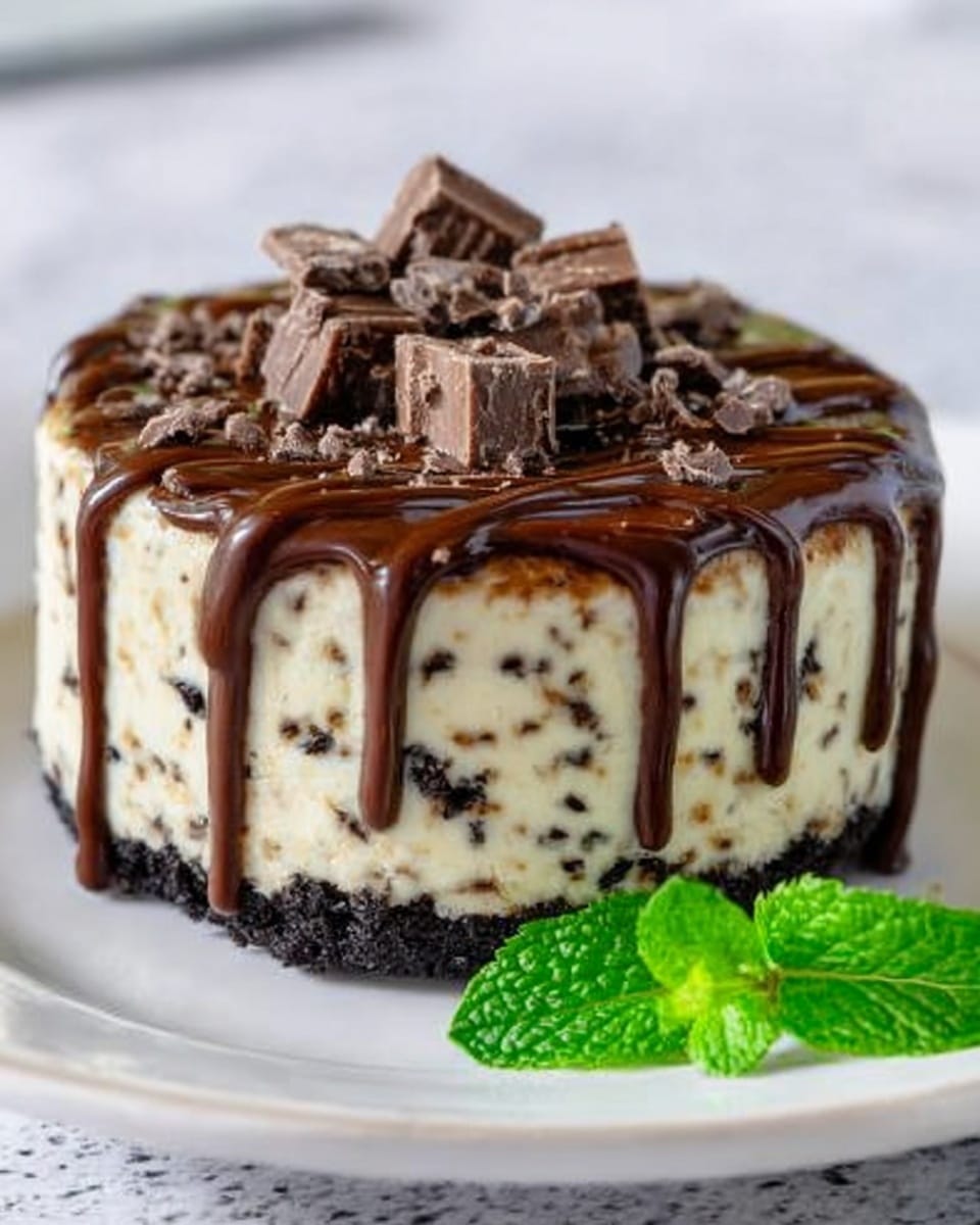 A small round cheesecake with three layers: the bottom layer is dark and crumbly like crushed cookies, the middle layer is creamy white with small dark specks, and the top is covered in dark chocolate sauce dripping down the sides. On top, there are small pieces of chopped chocolate bars. A fresh green mint leaf is placed on the white plate next to the cheesecake. The background is a white marbled texture. photo taken with an iphone --ar 4:5 --v 7