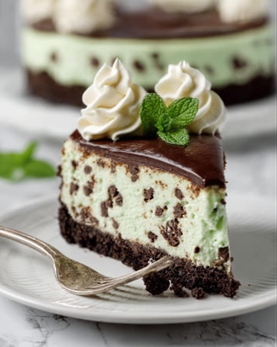 A slice of mint chocolate chip cheesecake sits on a white plate, showing three clear layers: a dark brown crumbly crust at the bottom, a thick light green cheesecake layer filled with small chocolate chips in the middle, and a smooth, glossy dark chocolate topping on top. The cheesecake is decorated with two swirls of white whipped cream and a fresh bright green mint leaf. A woman's hand holds a silver fork with a small piece of cheesecake, ready to take a bite. The background has a white marbled texture with a slightly blurred whole cheesecake in the back. Photo taken with an iphone --ar 4:5 --v 7