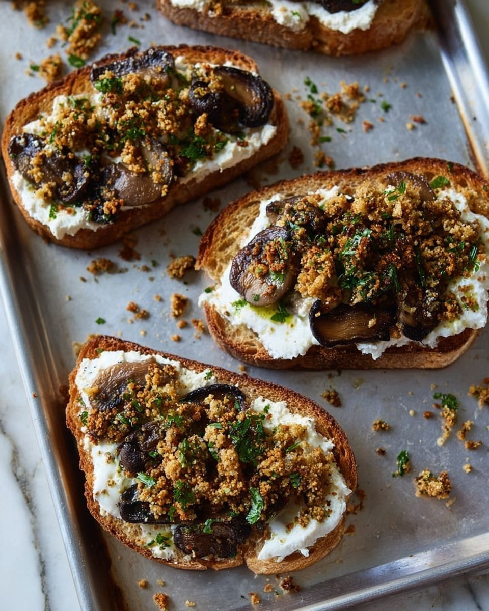 Four slices of toasted brown bread placed on a metal tray with a white marbled texture background. Each slice has three layers: a base layer of thick, creamy white spread, a middle layer of cooked dark brown mushroom slices with a slightly glossy texture, and a top layer of golden-brown crumbly topping mixed with small green herb pieces scattered on and around the slices. The toast edges are crisp and the crumb topping looks crunchy, with some crumbs scattered around the tray. Photo taken with an iphone --ar 4:5 --v 7