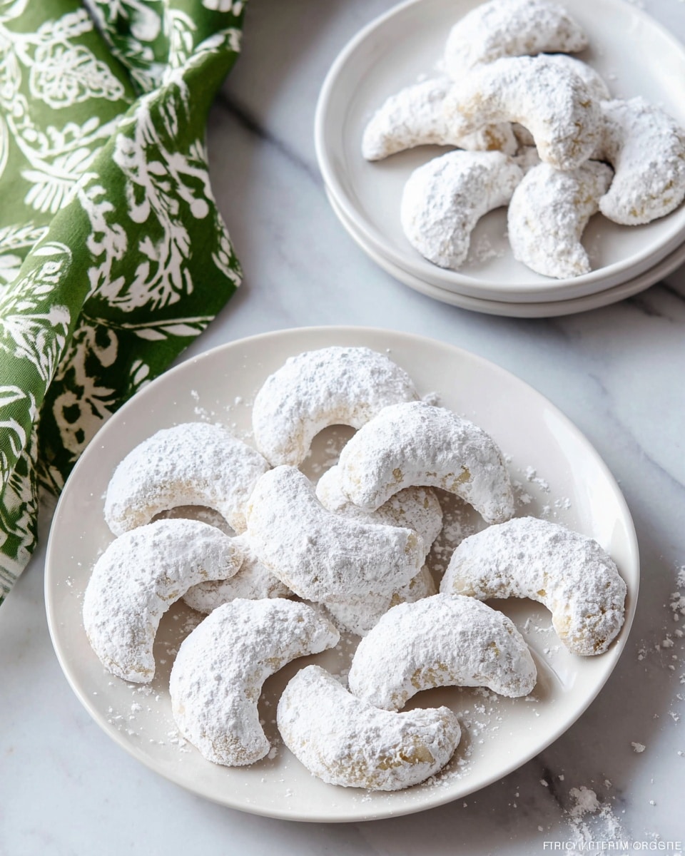 The image shows two white plates on a white marbled surface, each filled with crescent-shaped cookies covered in a thick layer of white powdered sugar. Each cookie has a slightly rough texture underneath the sugar coating, hinting at a crumbly bite. The larger plate in the foreground holds about fifteen cookies arranged loosely in rows, while the smaller plate in the background contains a few more of the same cookies. A green cloth with white floral and leaf patterns is partially visible on the left side, adding a touch of color to the scene. photo taken with an iphone --ar 4:5 --v 7