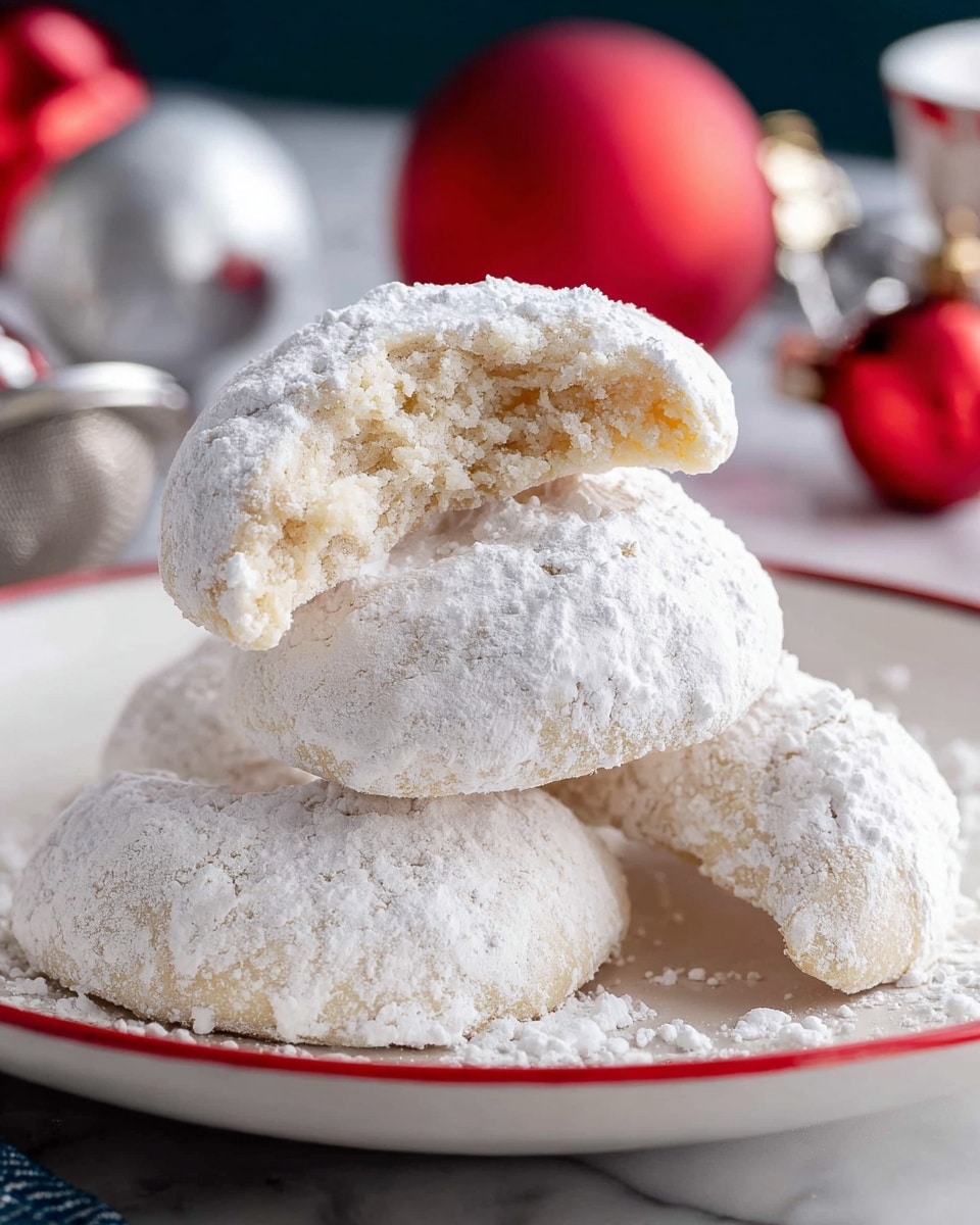 The image shows four crescent-shaped cookies stacked on a white plate with a red rim, placed on a white marbled surface. Each cookie is covered in a thick layer of white powdered sugar, giving them a soft, powdery texture. The top cookie is bitten, revealing its crumbly, pale beige inside, which contrasts with the snowy outer layer. In the background, there are blurry red and silver Christmas ornaments, adding a festive feel, along with a metal tea strainer. The overall look is cozy and inviting. photo taken with an iphone --ar 4:5 --v 7