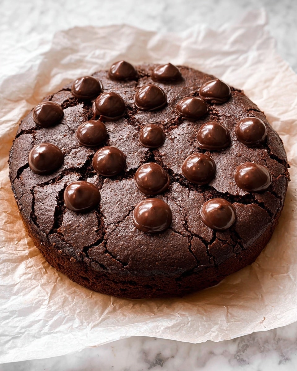 A round chocolate cake with a cracked, slightly rough top layer in dark brown. The cake has 15 smooth, shiny chocolate dollops placed evenly on top, forming a circular pattern with one additional dollop in the center. The cake sits on crumpled white parchment paper, which rests on a white marbled surface. The edges of the cake are slightly raised and cracked, adding texture to the overall look. photo taken with an iphone --ar 4:5 --v 7