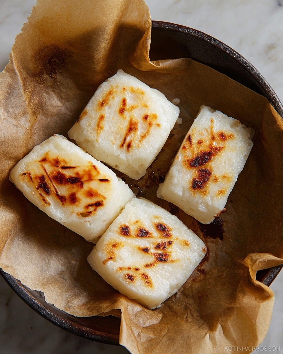 Four lightly browned, grilled white rice cakes each with a slightly different shape and surface texture sit on brown parchment paper inside a dark round pan. The cakes have a soft, smooth, almost translucent outer layer with browned, toasted patches on top, some marked with shallow crosscuts or lines. The parchment paper underneath shows areas of oil stains and crisped spots. The background surface is changed to a white marbled texture. photo taken with an iphone --ar 4:5 --v 7